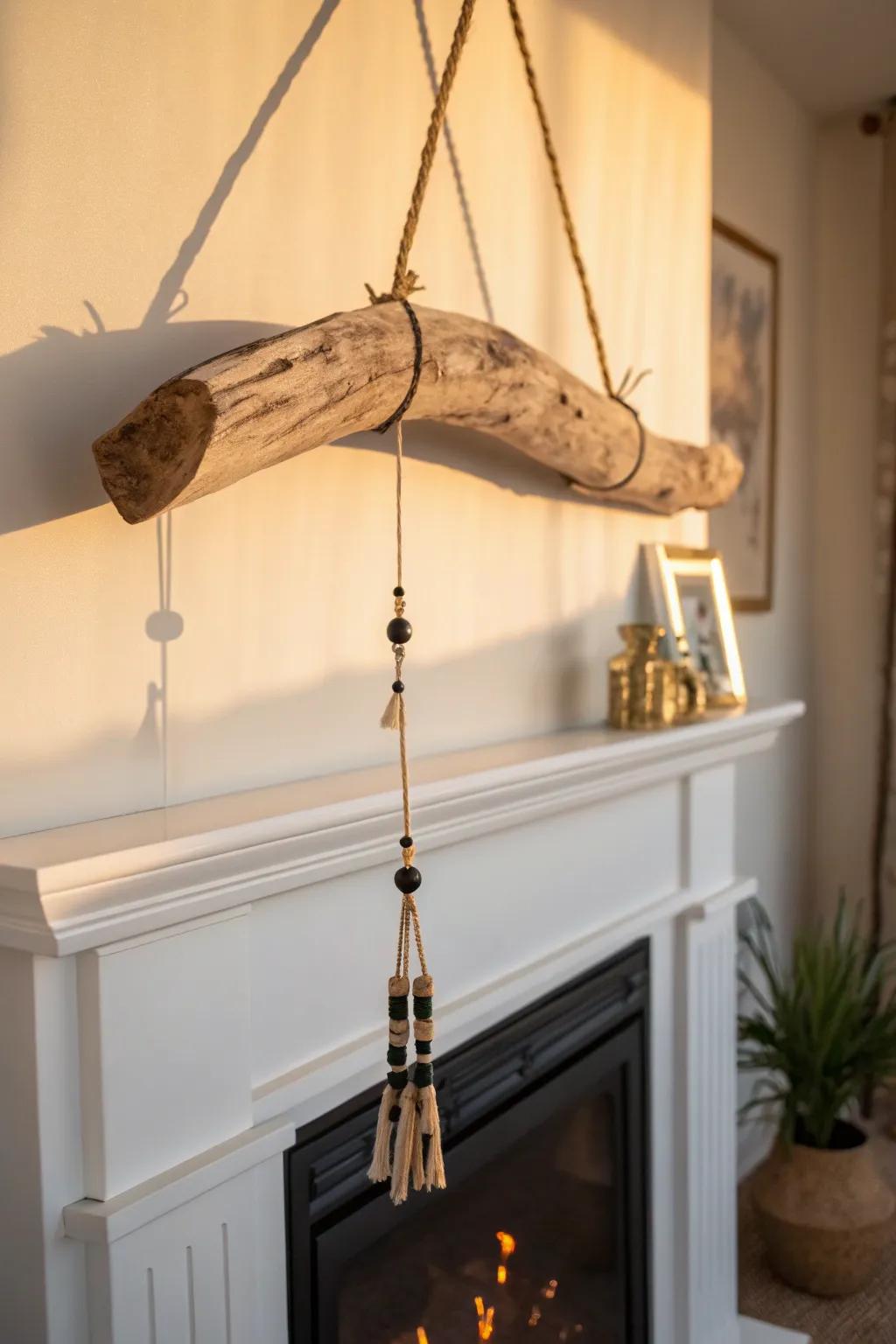 Minimal January mantel magic: a driftwood hanging that dances in warm light and shadows.