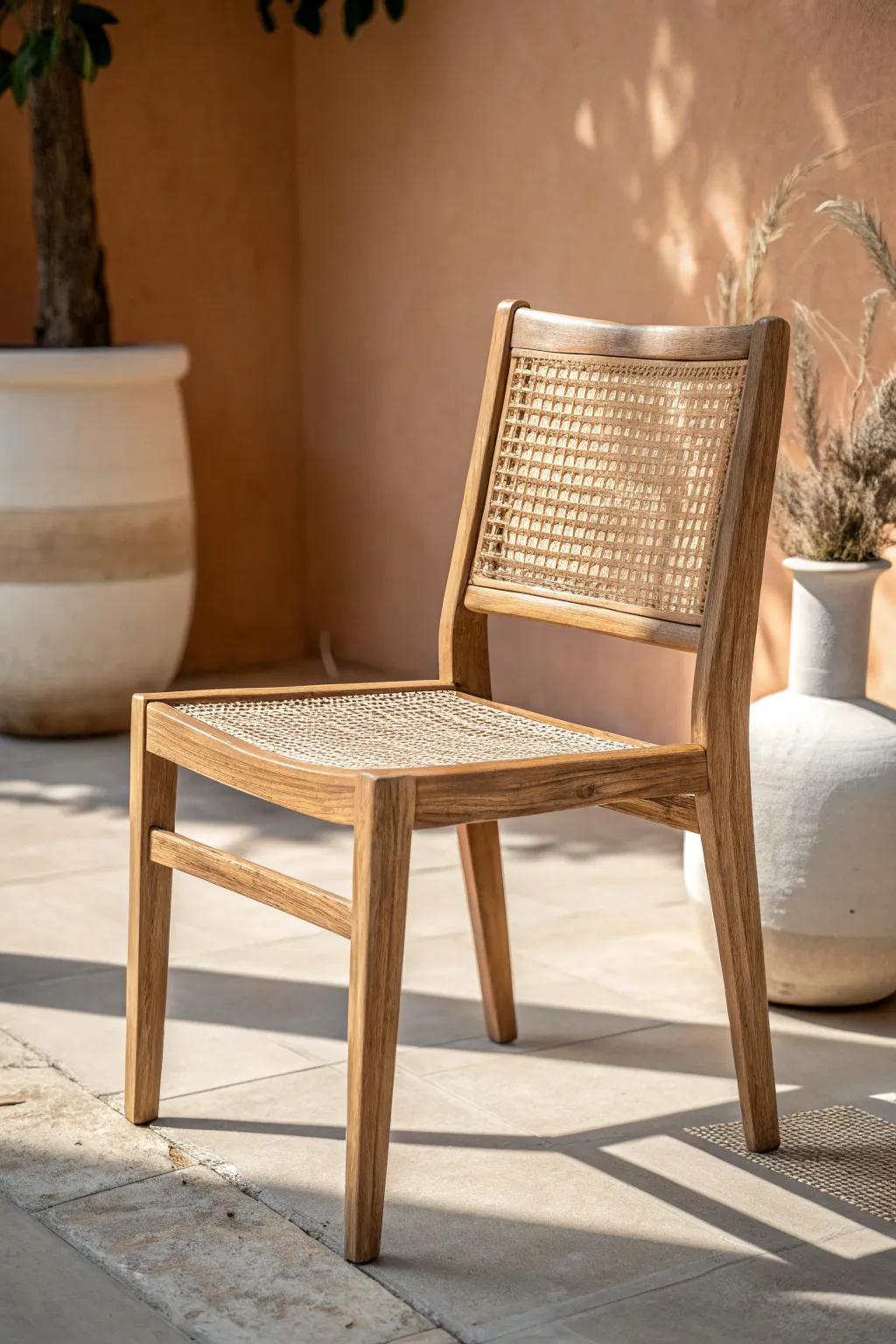 Handwoven cane on a simple oak dining chair—Japandi warmth without visual weight.