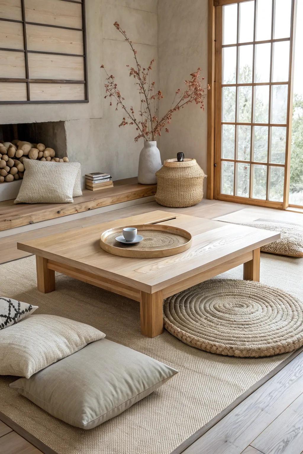 A faux sunken pit with a handcrafted low table creates a cozy, modern Japanese gathering center.