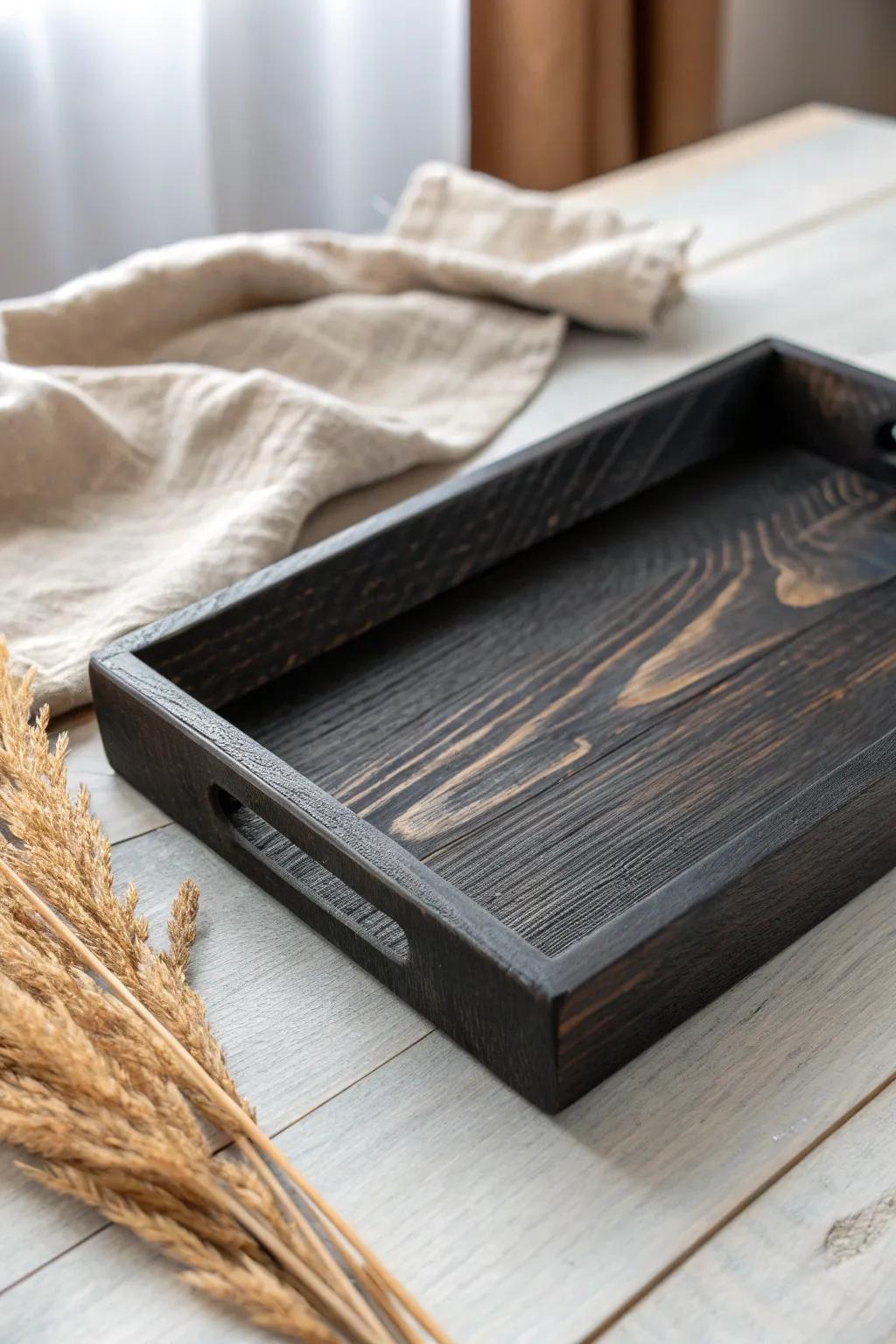 Charred wood tray drama: bold black grain against light oak for modern Japanese simplicity.