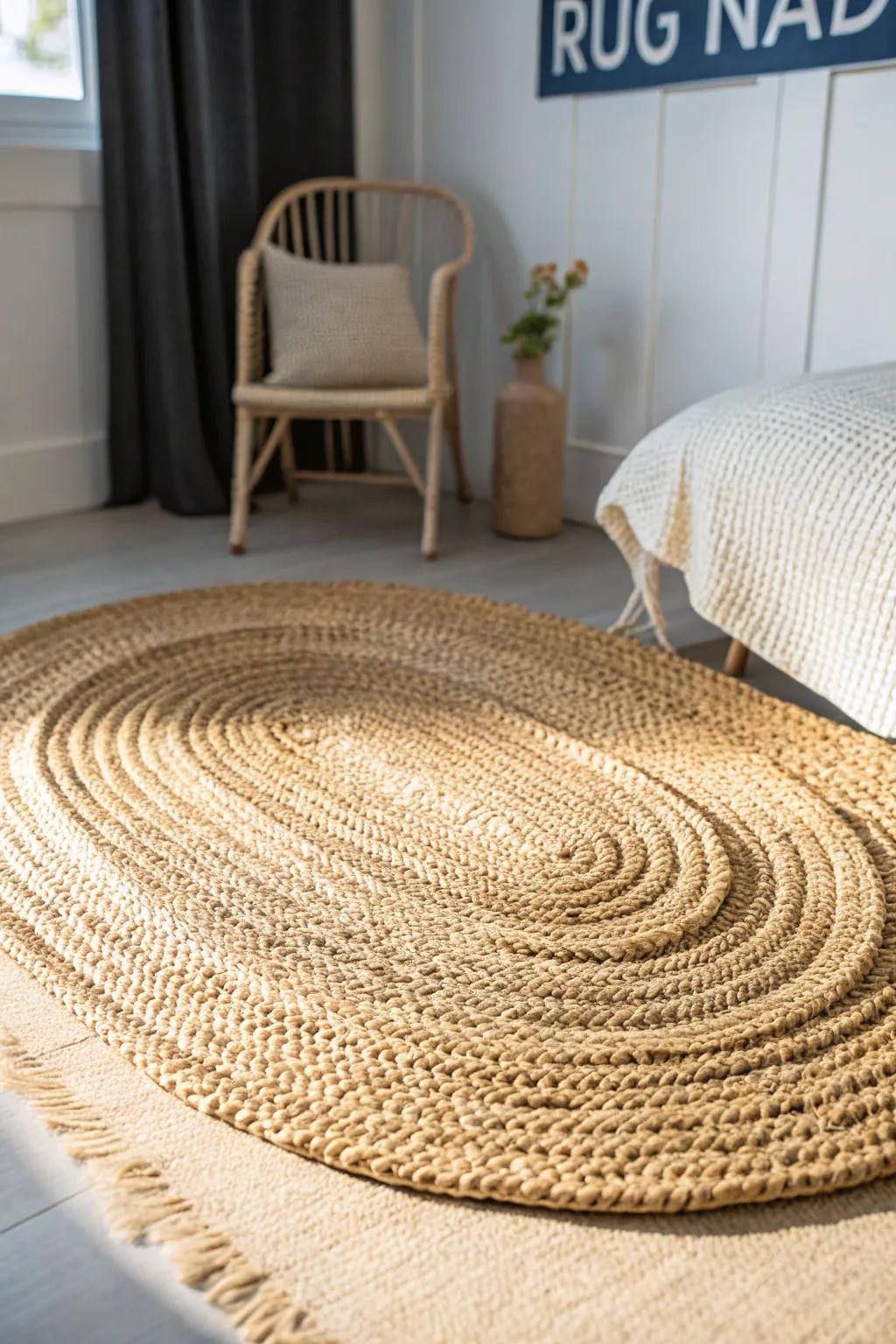 Two matching jute rugs create cozy “islands” for sleep and reading—simple, designed, airy.