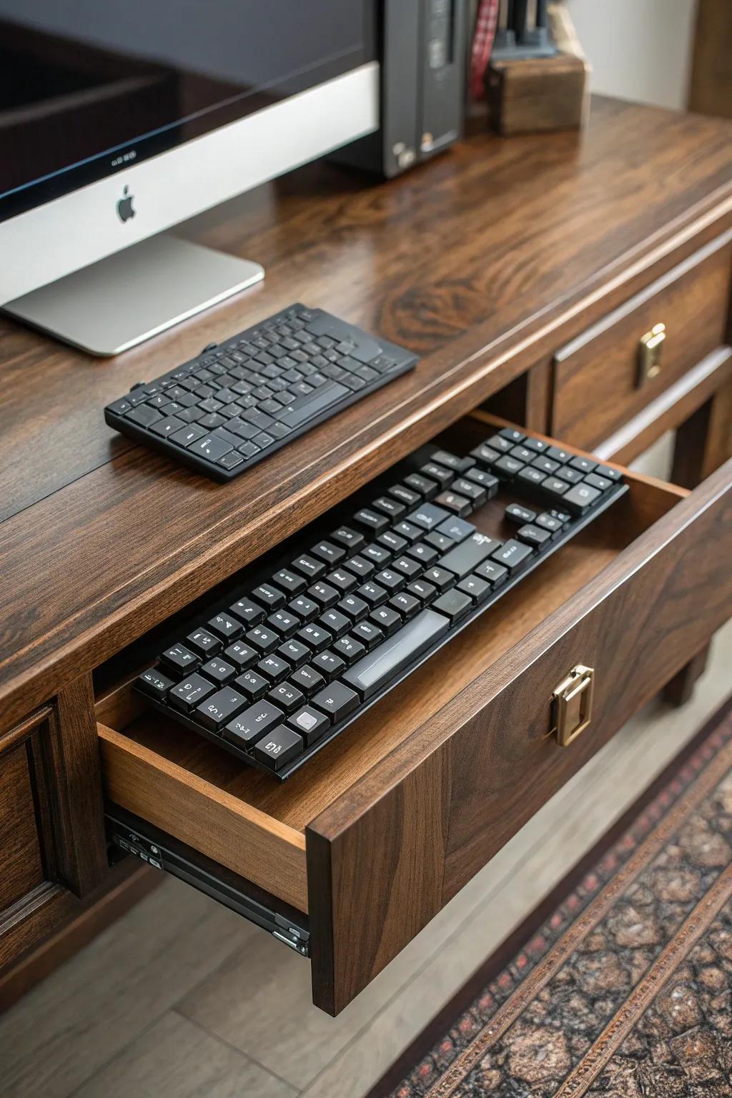 Discover the elegance of hidden organization with this expertly crafted keyboard drawer.