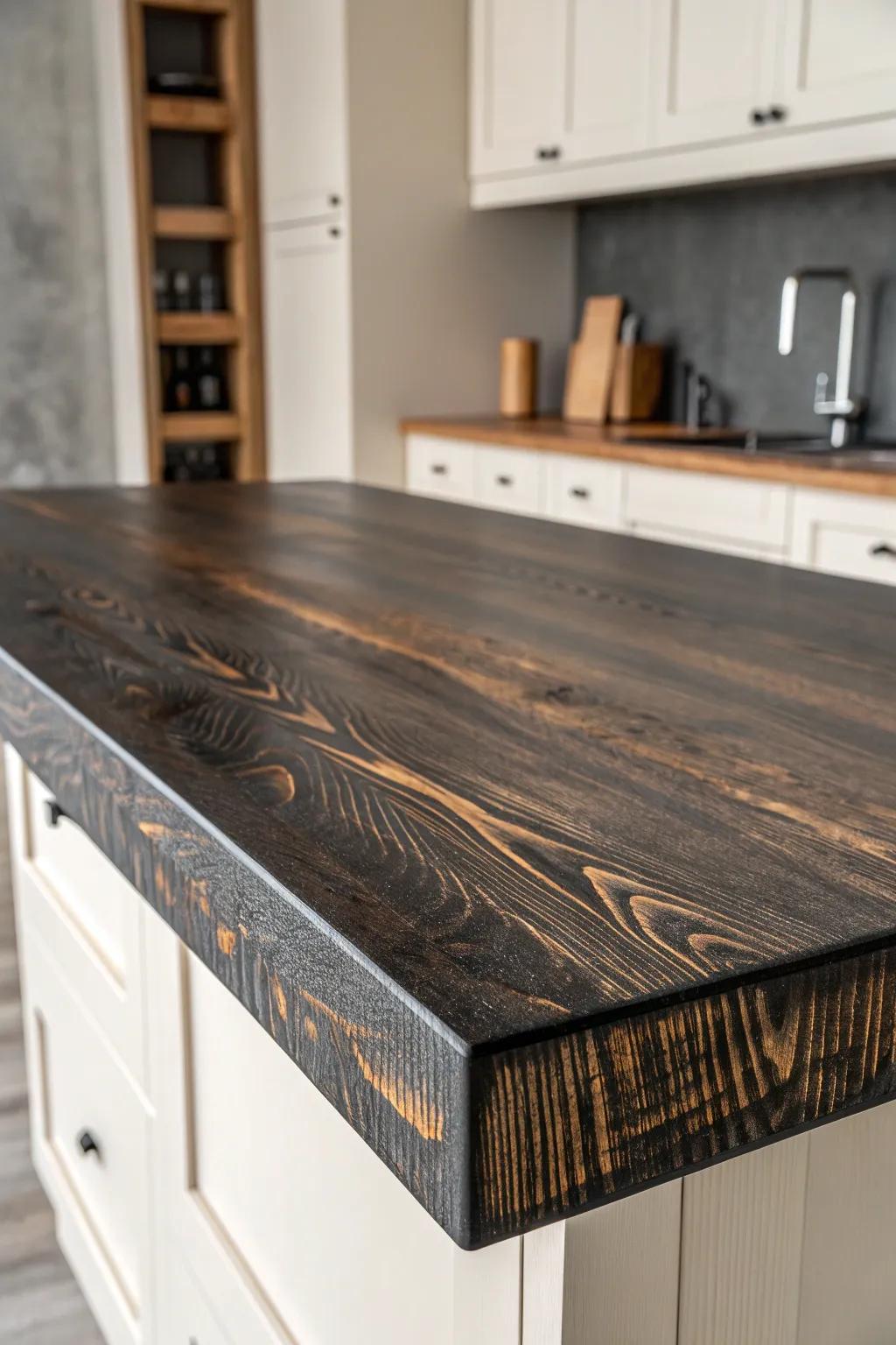 Charred wood bar top finish: bold black grain drama that looks stunning with light cabinetry.