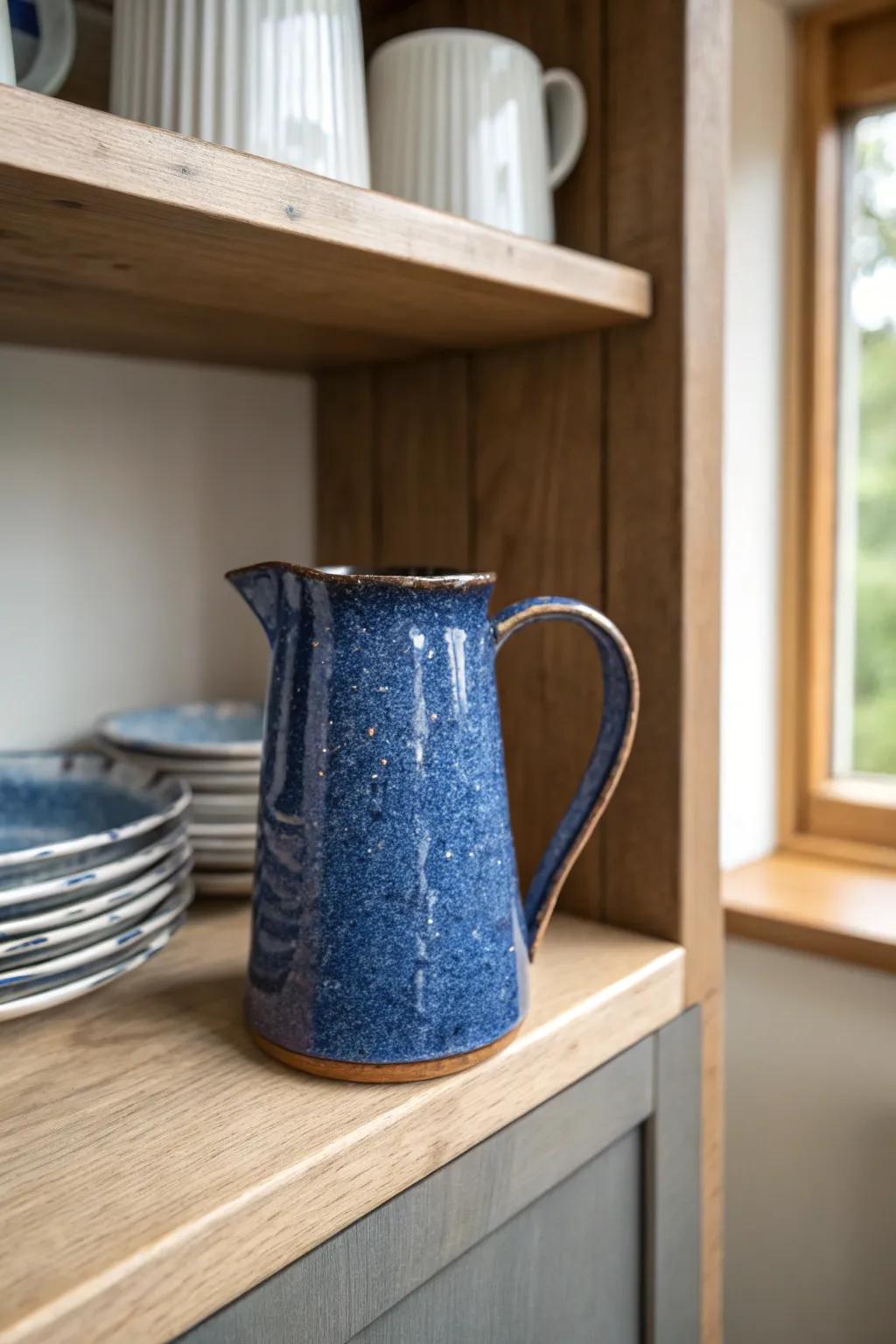 Vintage stoneware meets everyday plates—an effortless, collected-over-time cabinet display.