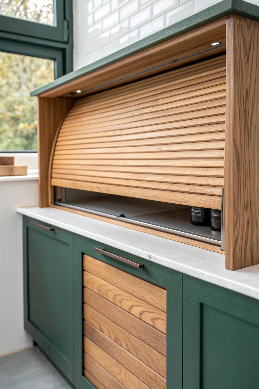 A sleek oak tambour door that rolls up—minimalist, functional, and seriously wow-worthy.