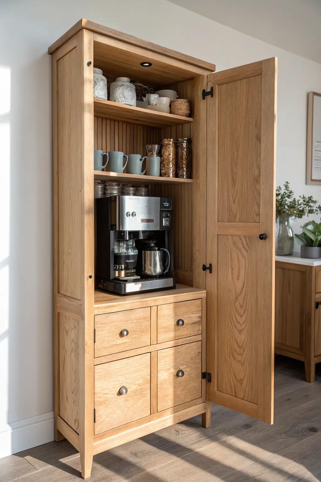 Tall-cabinet coffee nook: hidden espresso station with mugs and shelves for tiny kitchens.