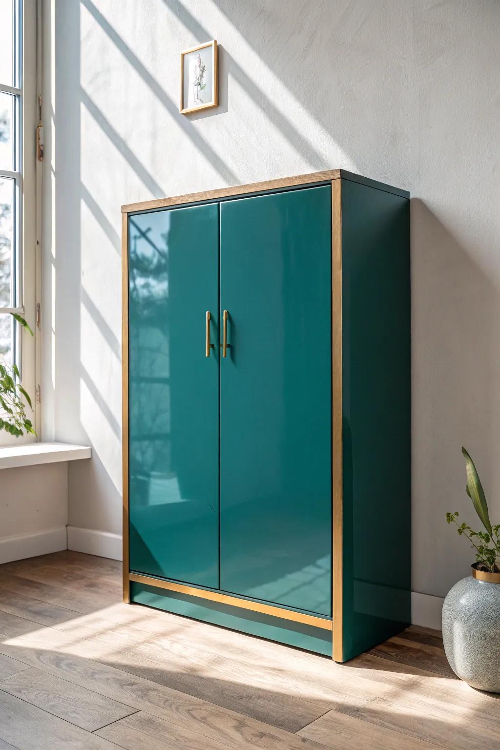 Deep-teal high-gloss cabinets catch the light—polished, modern, and instantly statement-worthy.