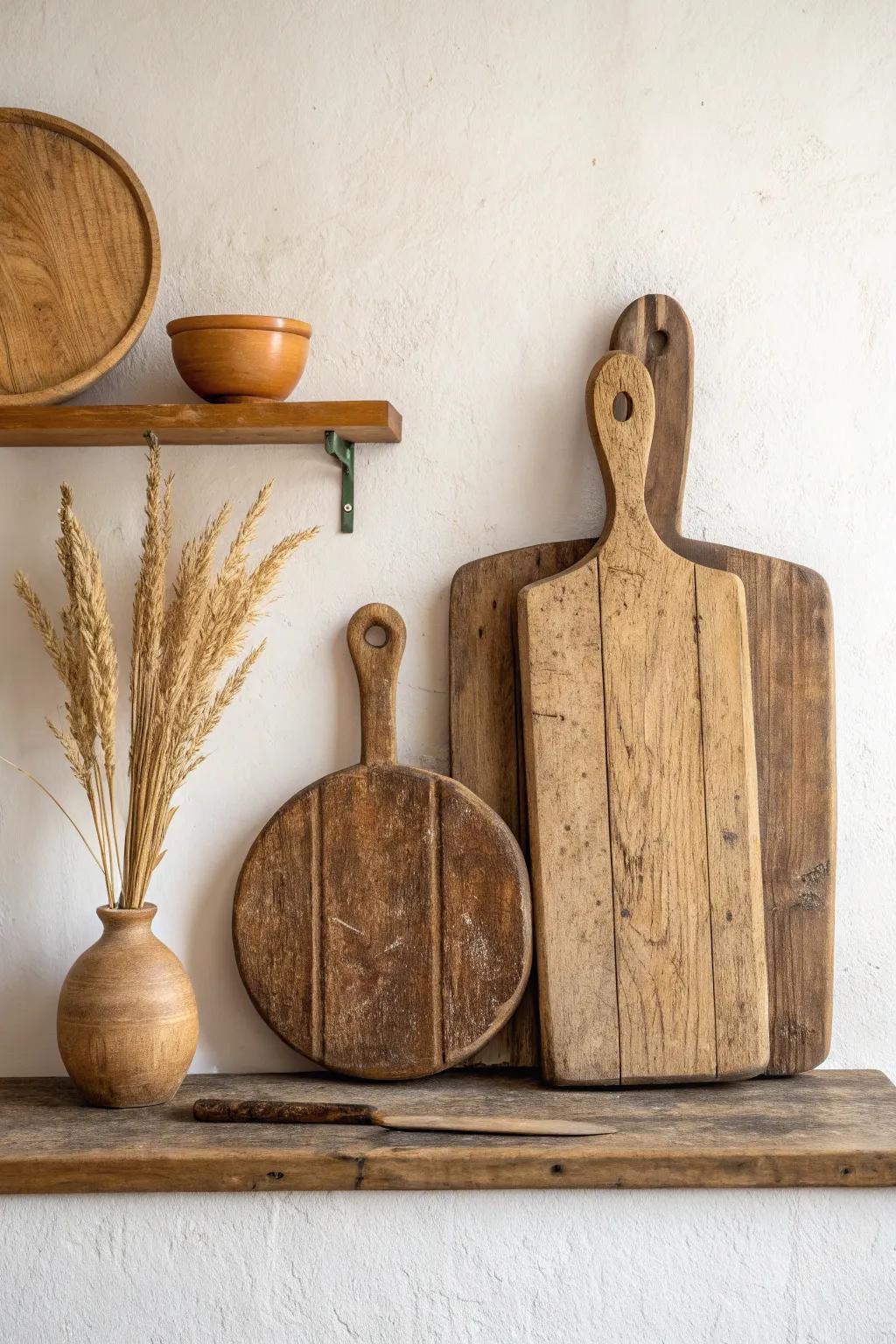 Vintage bread boards as wall art—mixed shapes, warm wood tones, and crisp Scandinavian contrast.
