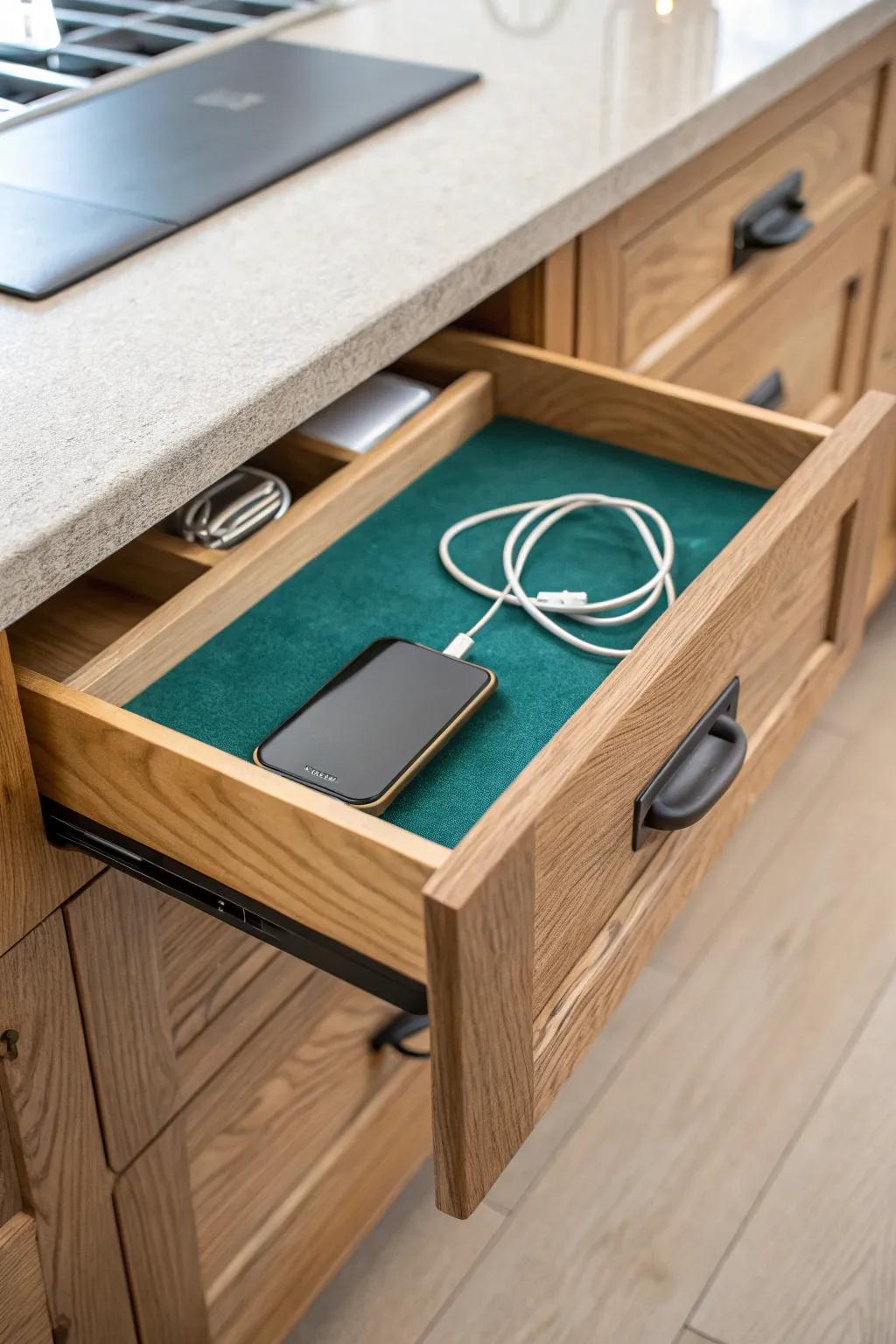 A sleek oak charging drawer with cable slots—hidden power, tidy cords, zero counter clutter.