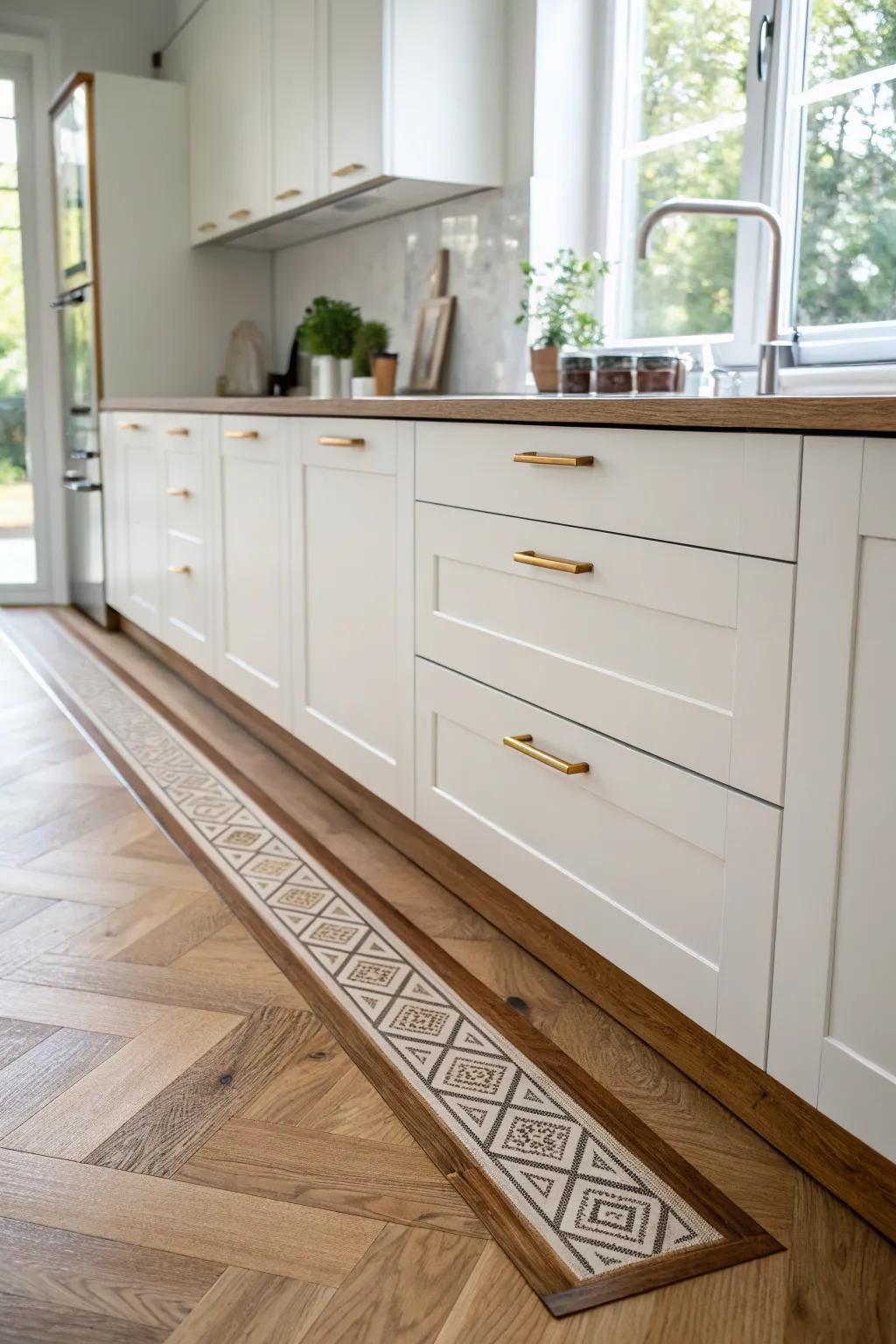 A walnut inlay border turns oak floors into a built-in rug framing your cabinet run.