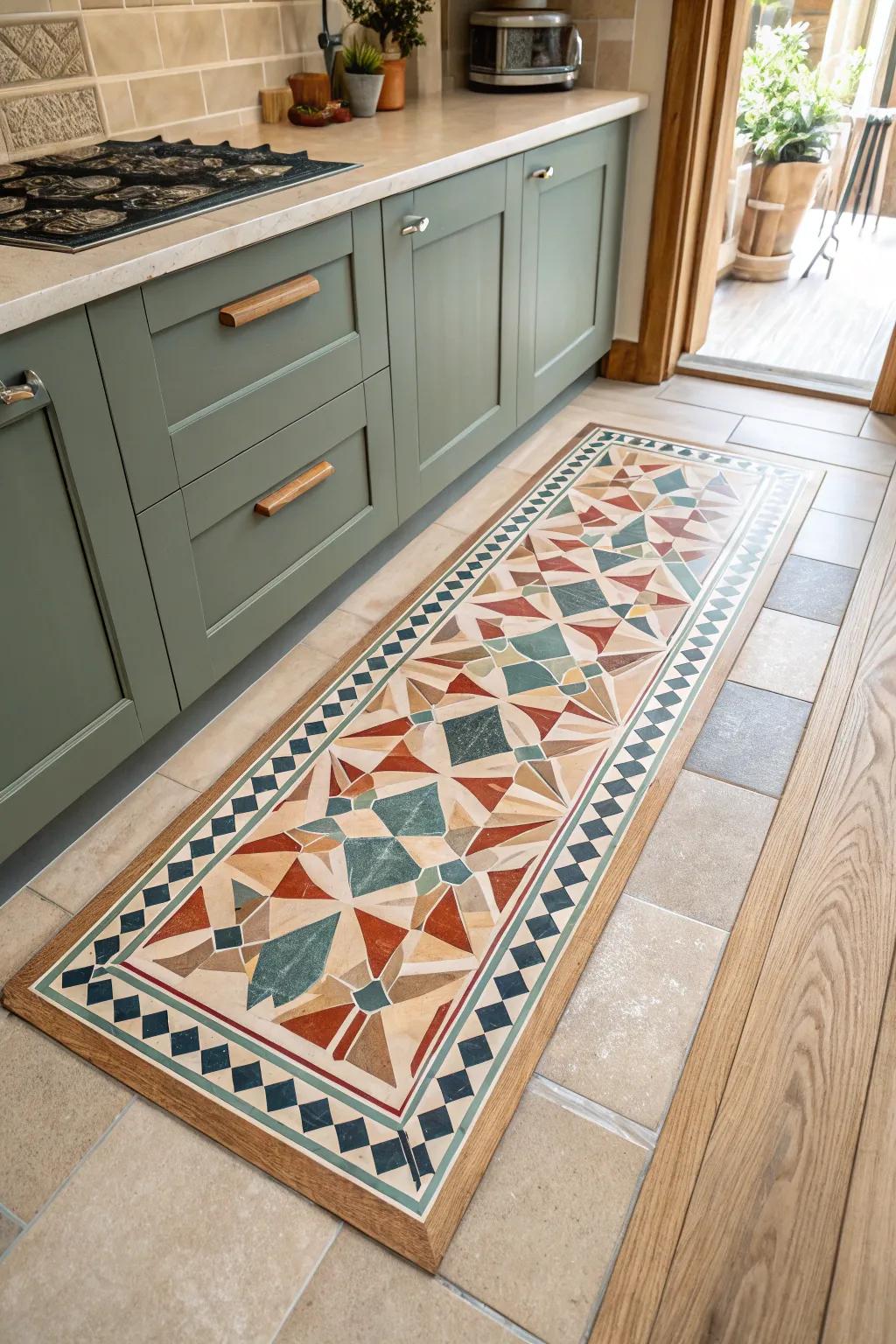 Budget wow: a bold “tile rug” inset framed with light oak for a custom kitchen look.