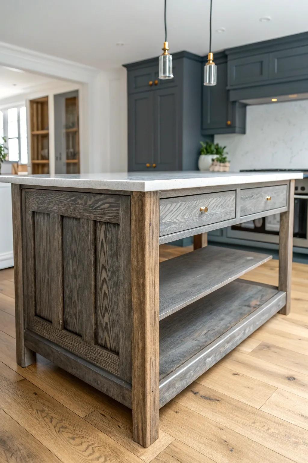 Faux aged metal-gray island beside dark cabinets—industrial wow with artisan-made warmth.