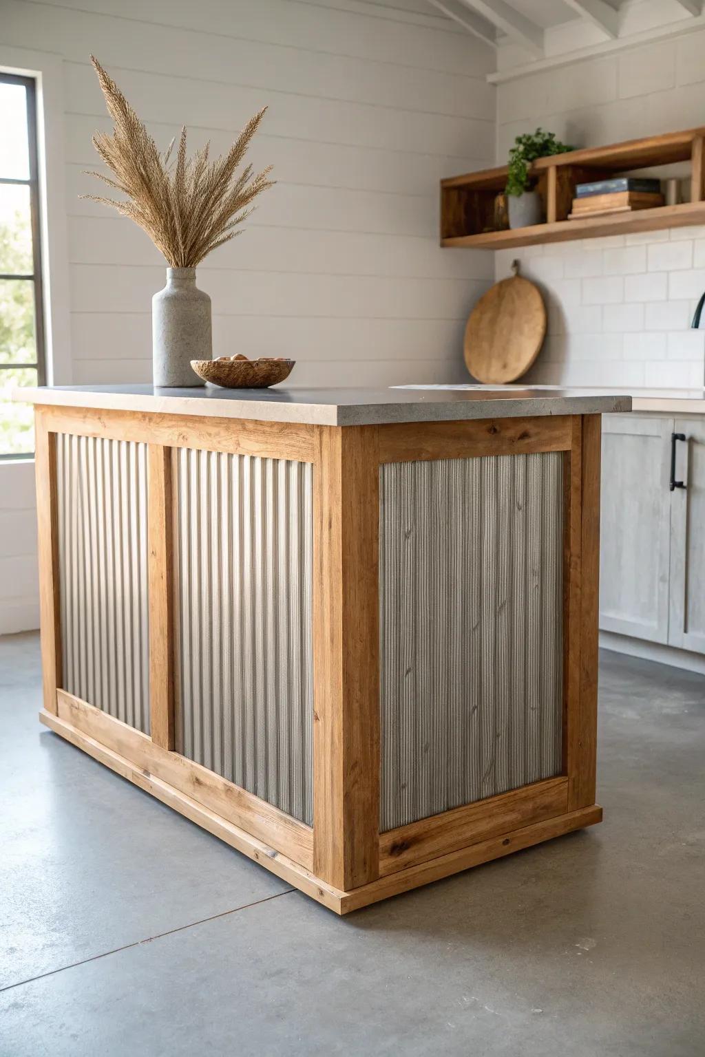 Corrugated metal + oak trim gives your island a bold farmhouse edge with clean, modern contrast.