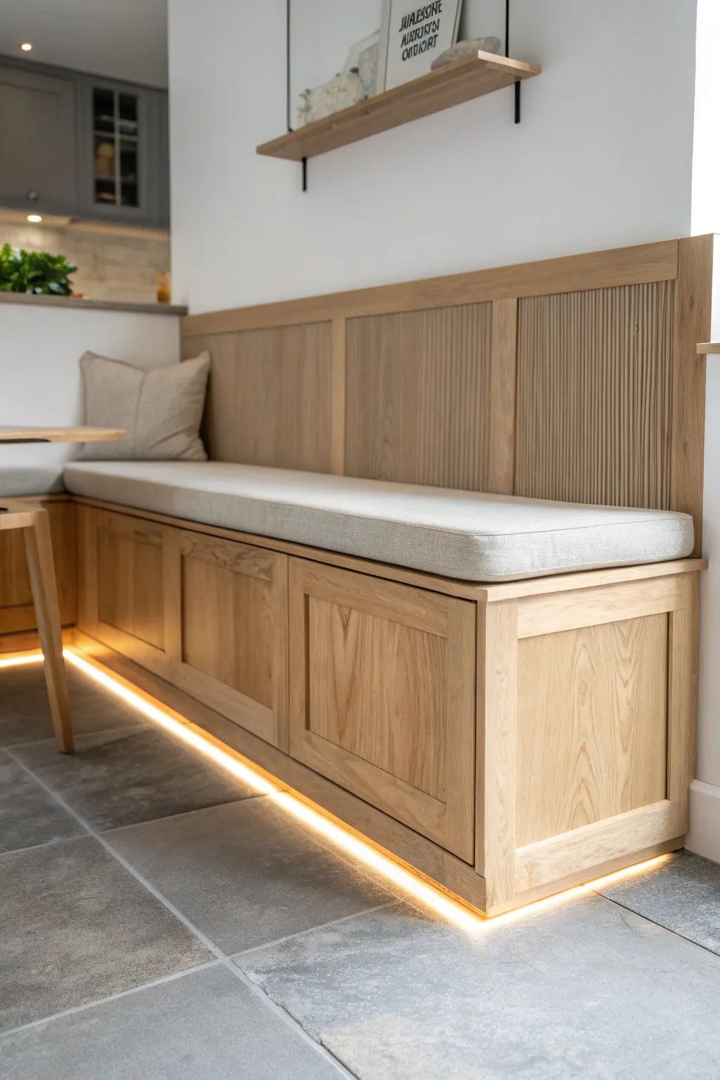 Warm toe-kick LEDs make this oak breakfast nook bench glow like it’s floating—so cozy.