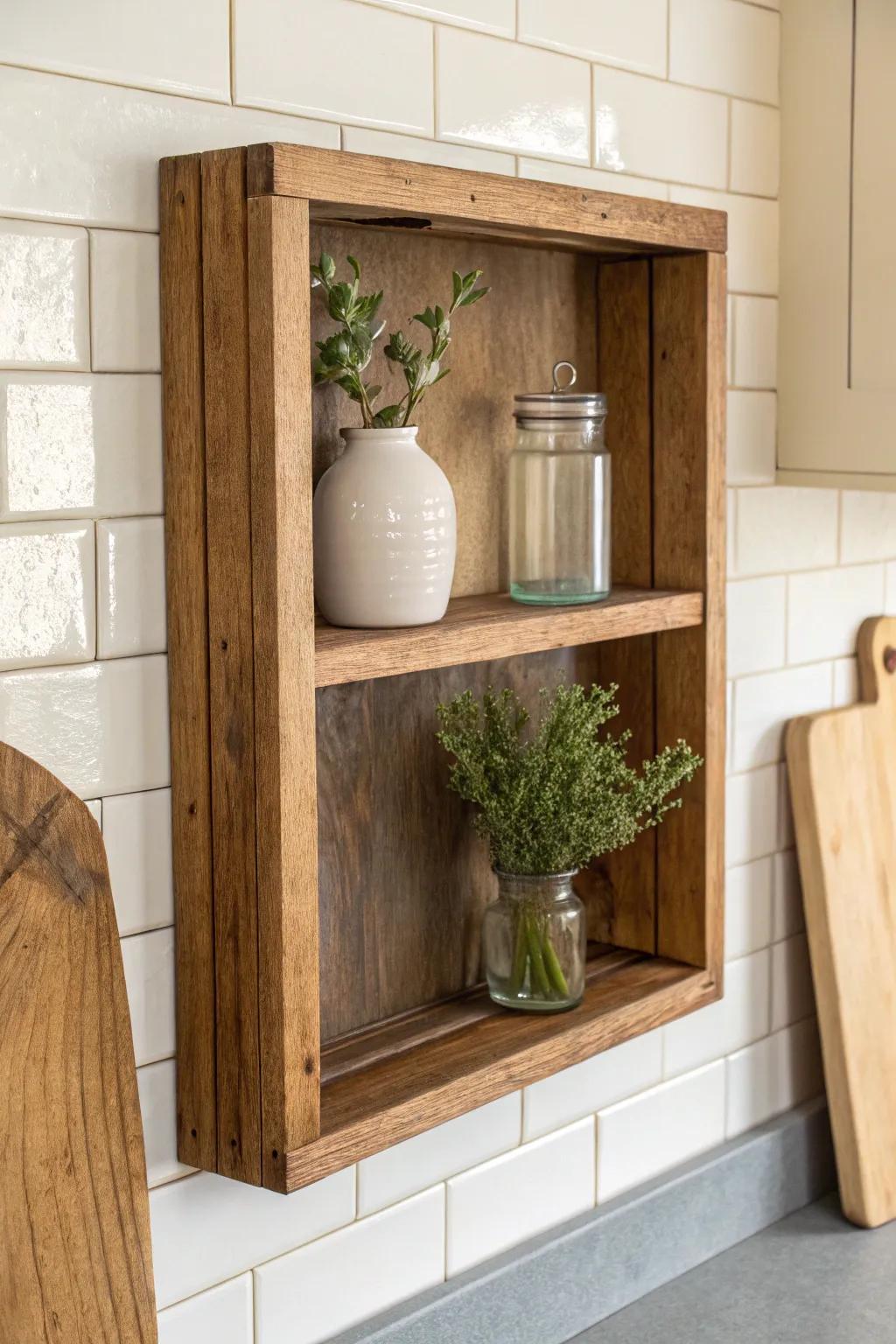 A reclaimed wood shadow-box shelf that turns everyday kitchen decor into custom architecture.