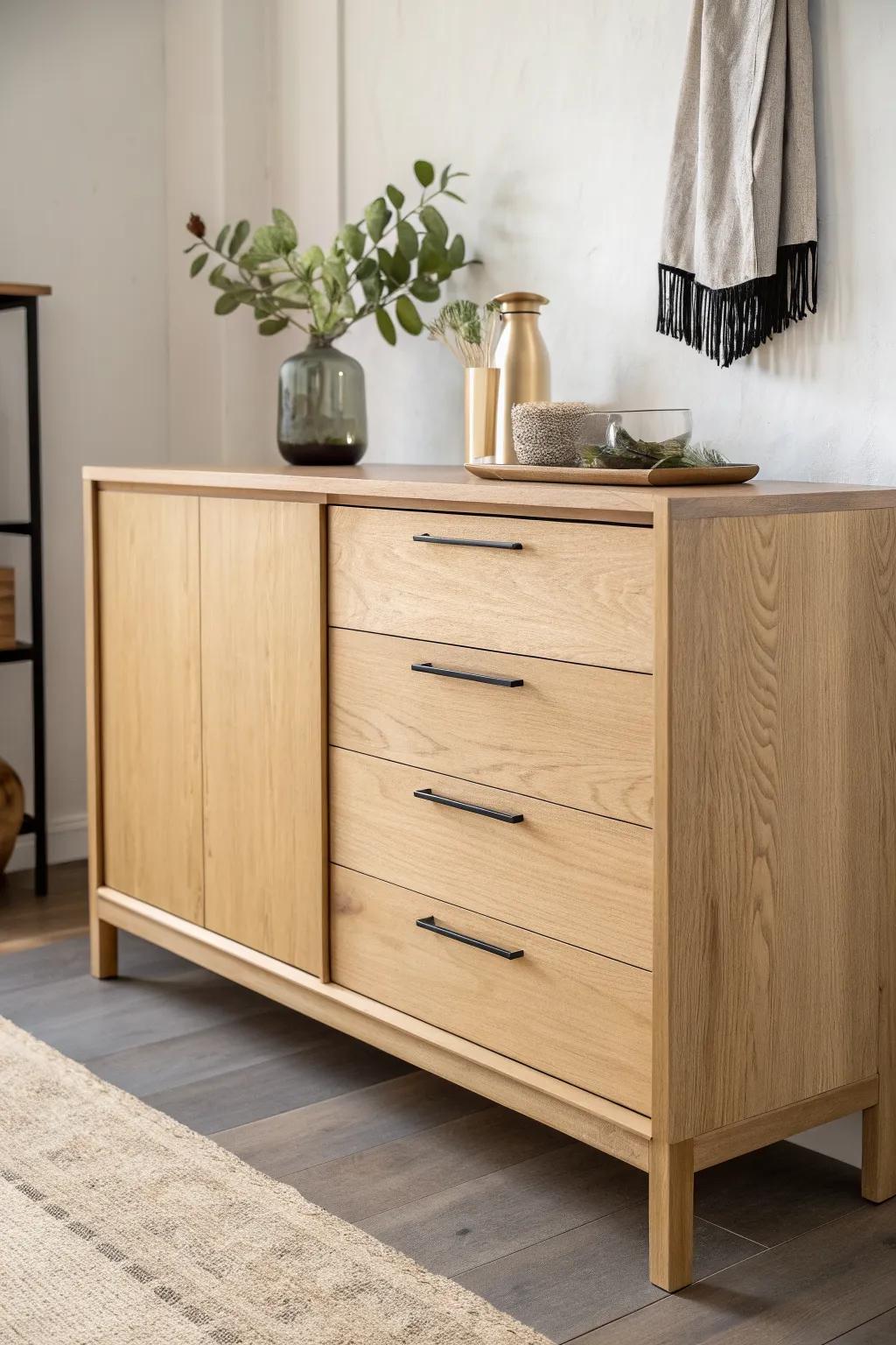 Light oak sideboard with sleek black resin inlay and brass strap—minimal, bold, handcrafted.