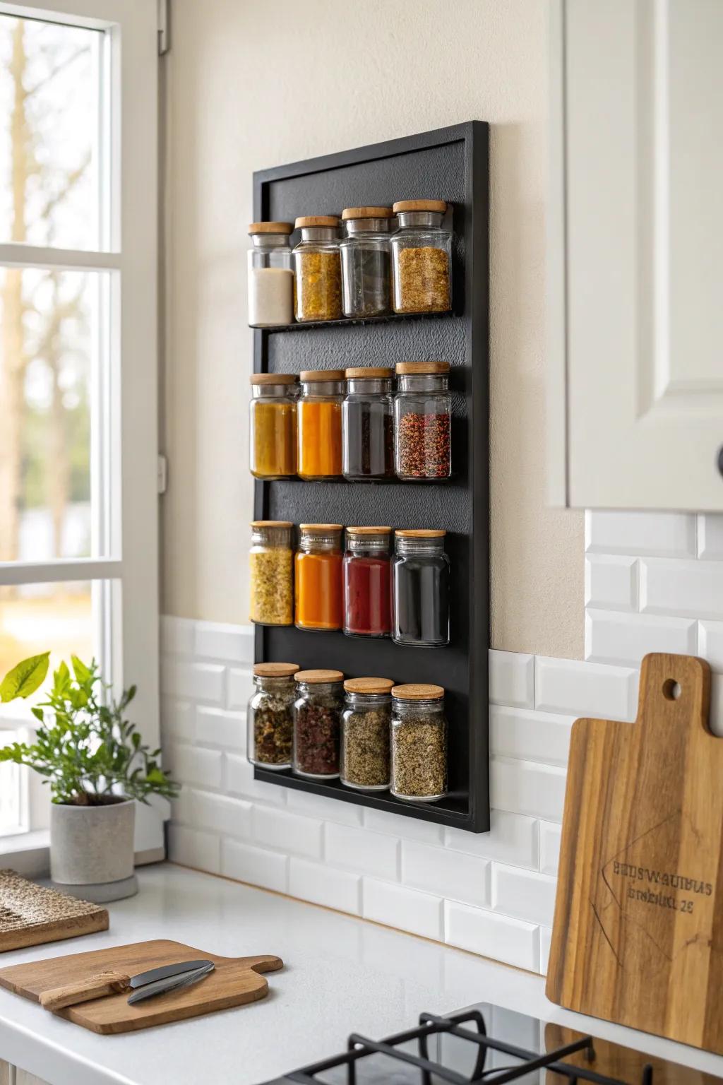 Functional art: a magnetic spice-jar wall that keeps every flavor visible and within reach.