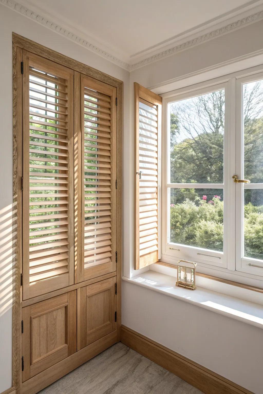 Corner wrap shutters: two louvered panels meet perfectly, letting light bend around the nook.