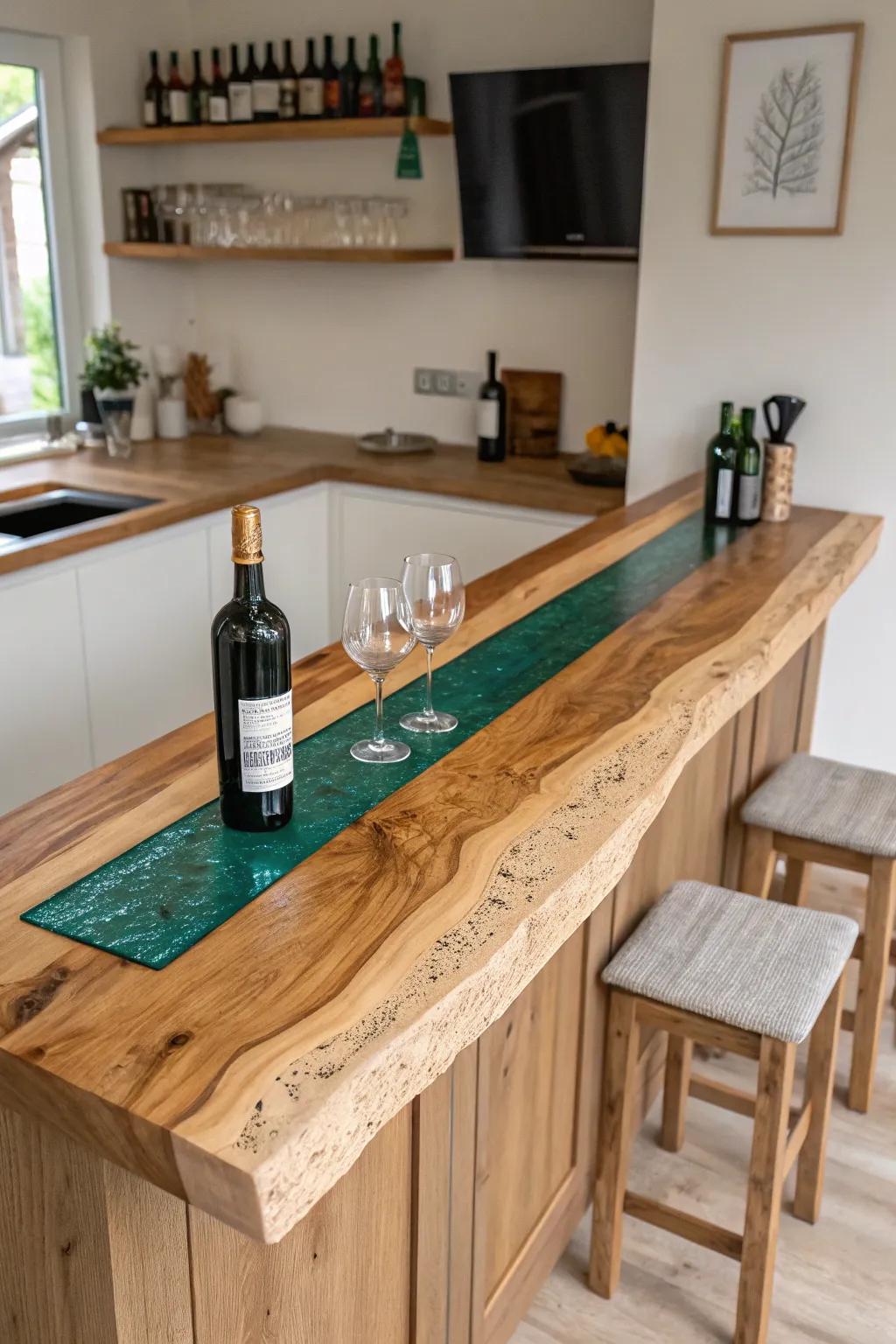 Oak bar top with emerald resin river inlay—minimal, bold, and made for wine nights.
