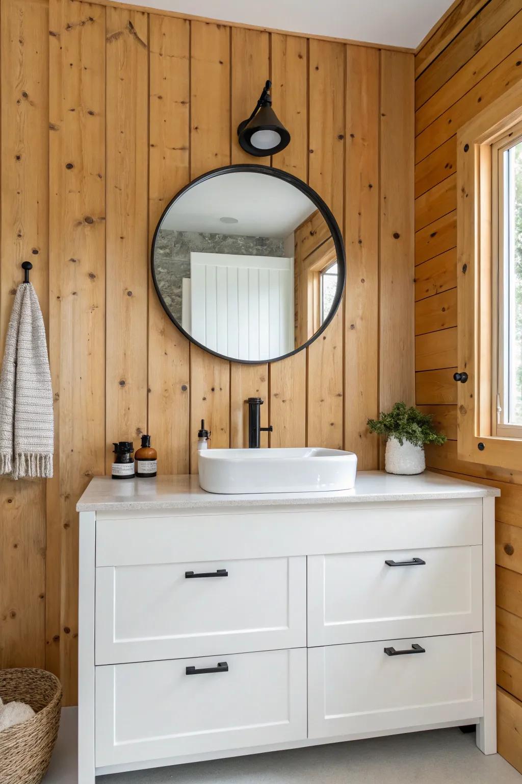 Knotty pine accent wall behind the vanity—rustic warmth with clean Scandinavian lines and bold contrast.