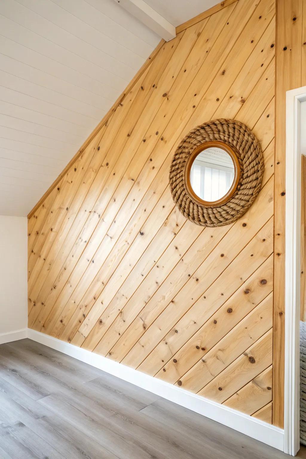 Diagonal knotty pine paneling adds cozy cabin energy—warm grain, bold angles, clean style.