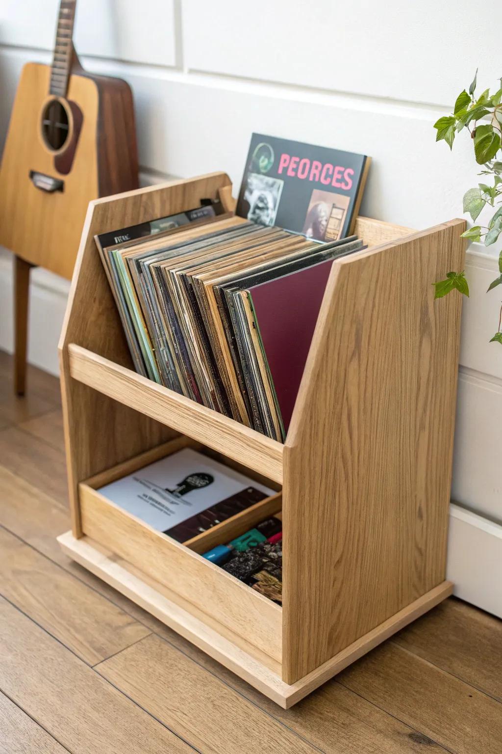 DIY flip-bin shelf turns K-pop albums into a browseable mini record shop—bold, tidy, beautiful.