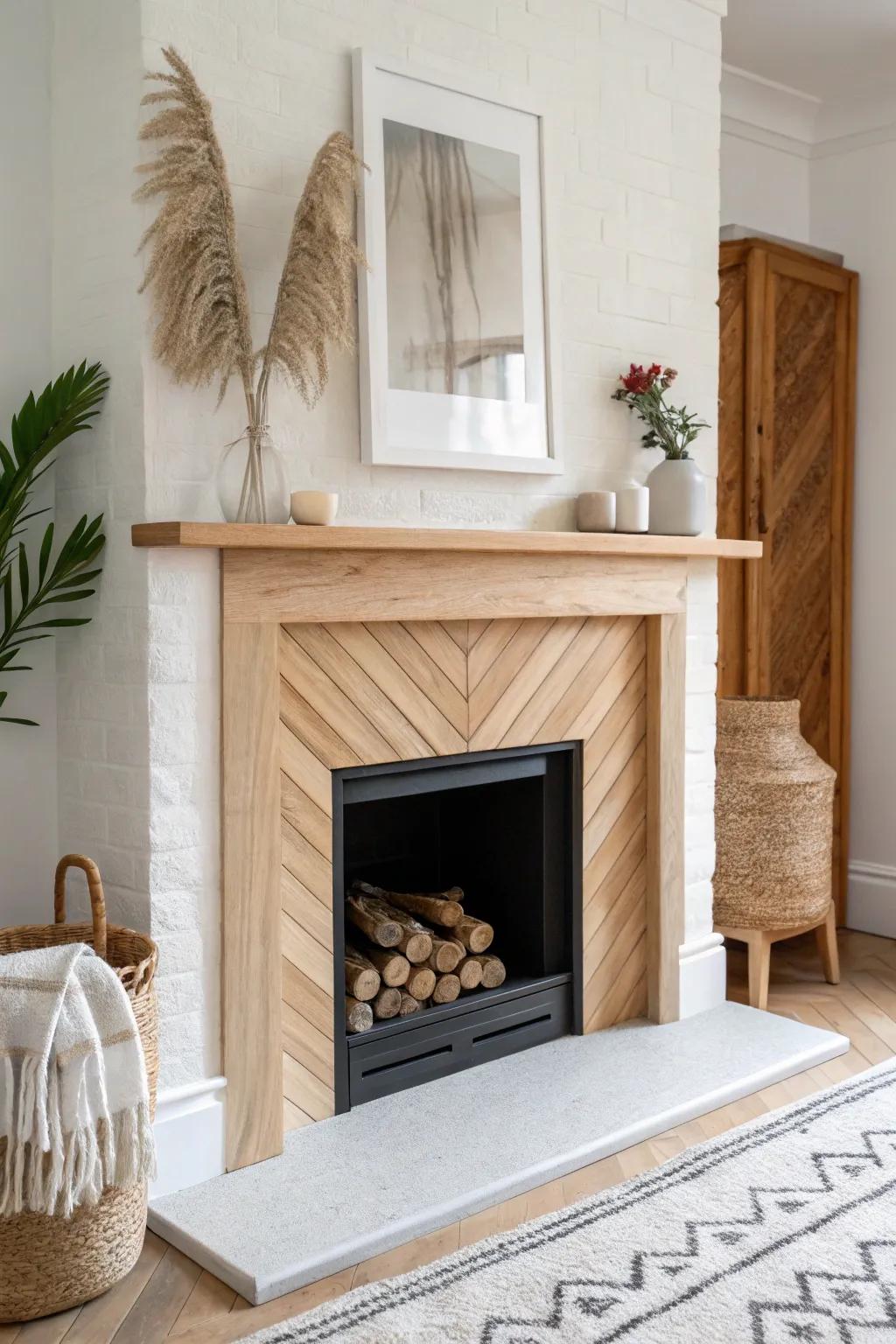Diagonal corner build-out makes an L-shaped fireplace feel intentional—and improves sightlines.