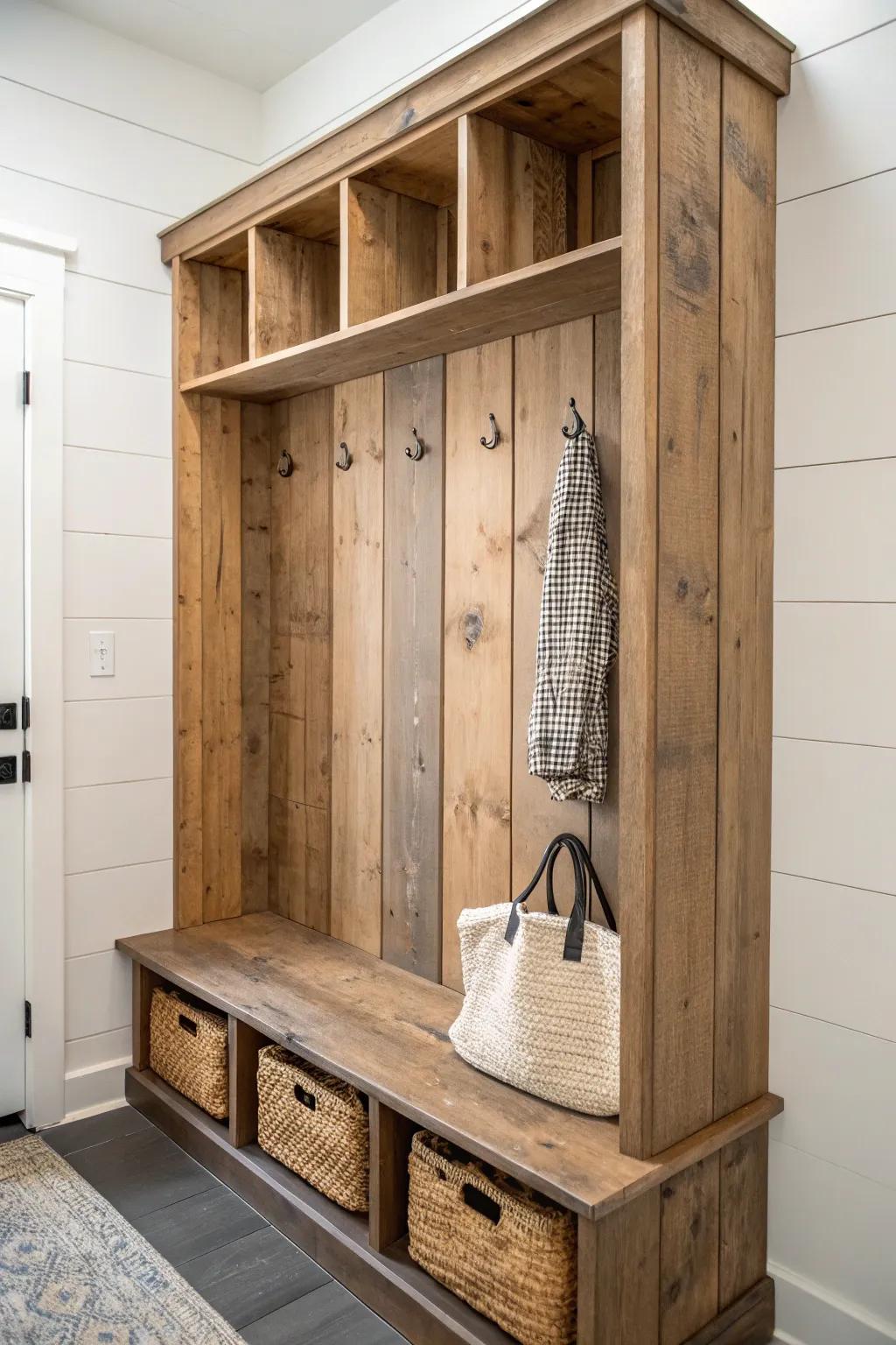 Salvaged wood locker fronts add rustic texture and warmth to an L-shaped mudroom built-in.