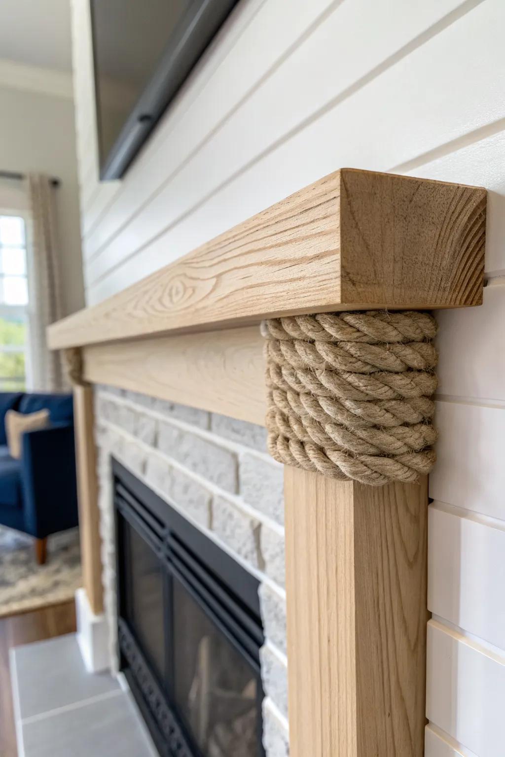 Rope-wrapped mantel ends bring subtle nautical charm to a clean, cozy lake house fireplace.