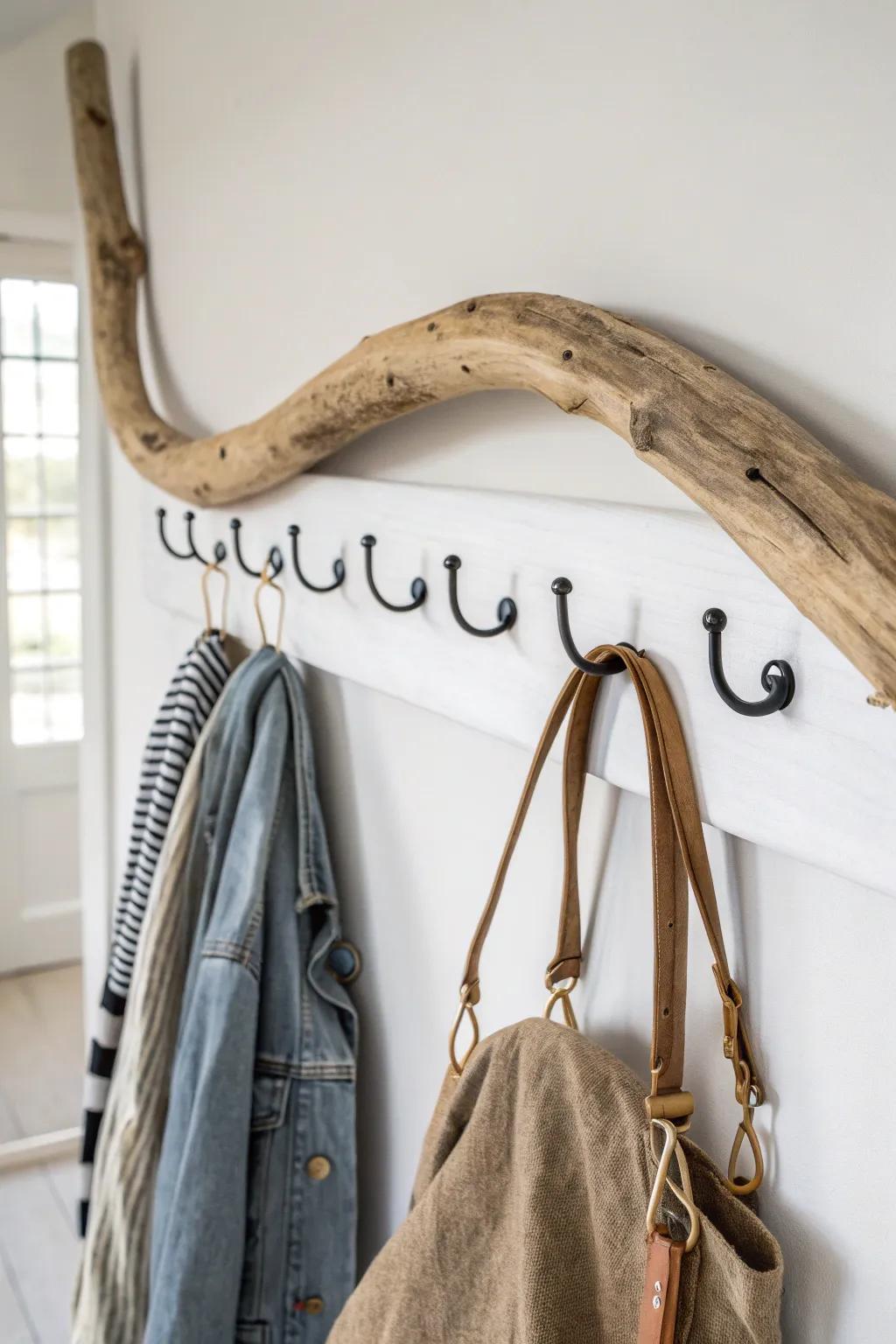 Sealed driftwood coat rack with mixed hooks—minimal, boho, and perfect for a laundry drop zone.