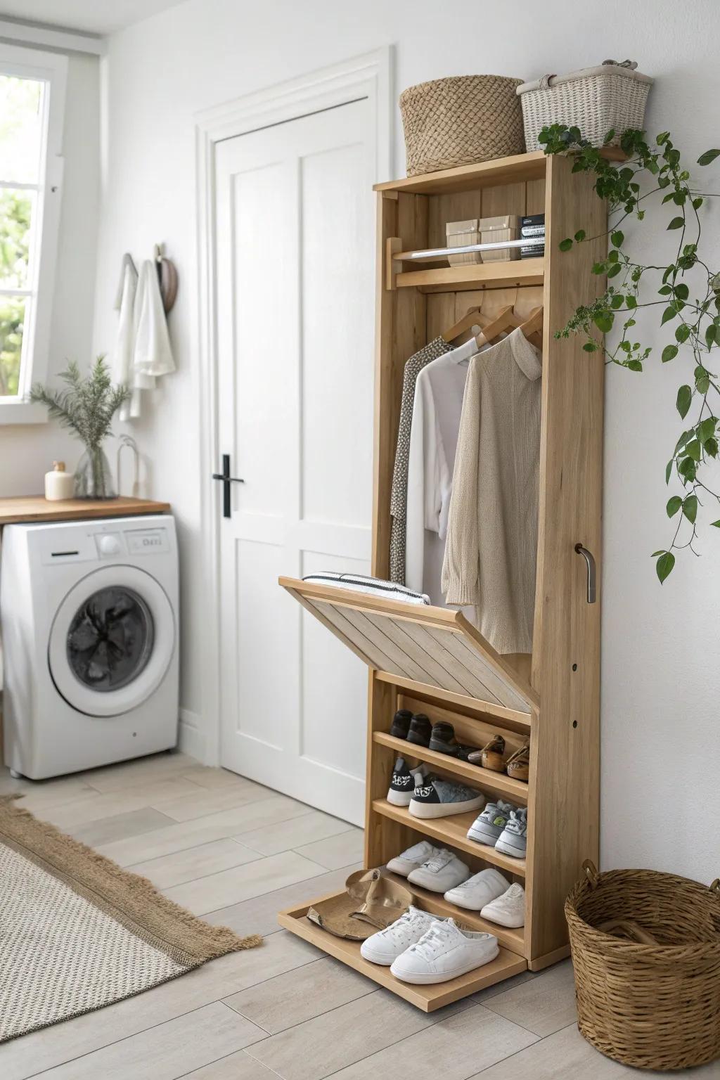 Fold-down shoe wall that flips into a sleek folding station—smart storage with warm wood charm.