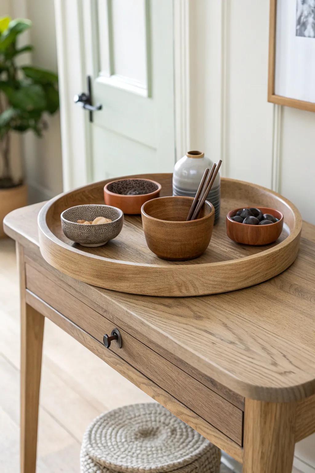 Entryway lazy Susan drop-zone: mini bowls + dark rim stain for chic everyday order.