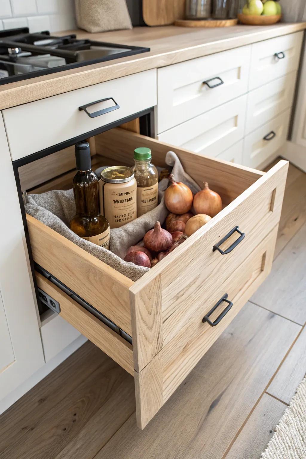 Farmhouse slide-out wooden crate system—pull-out pantry storage that’s prettier than a lazy susan.