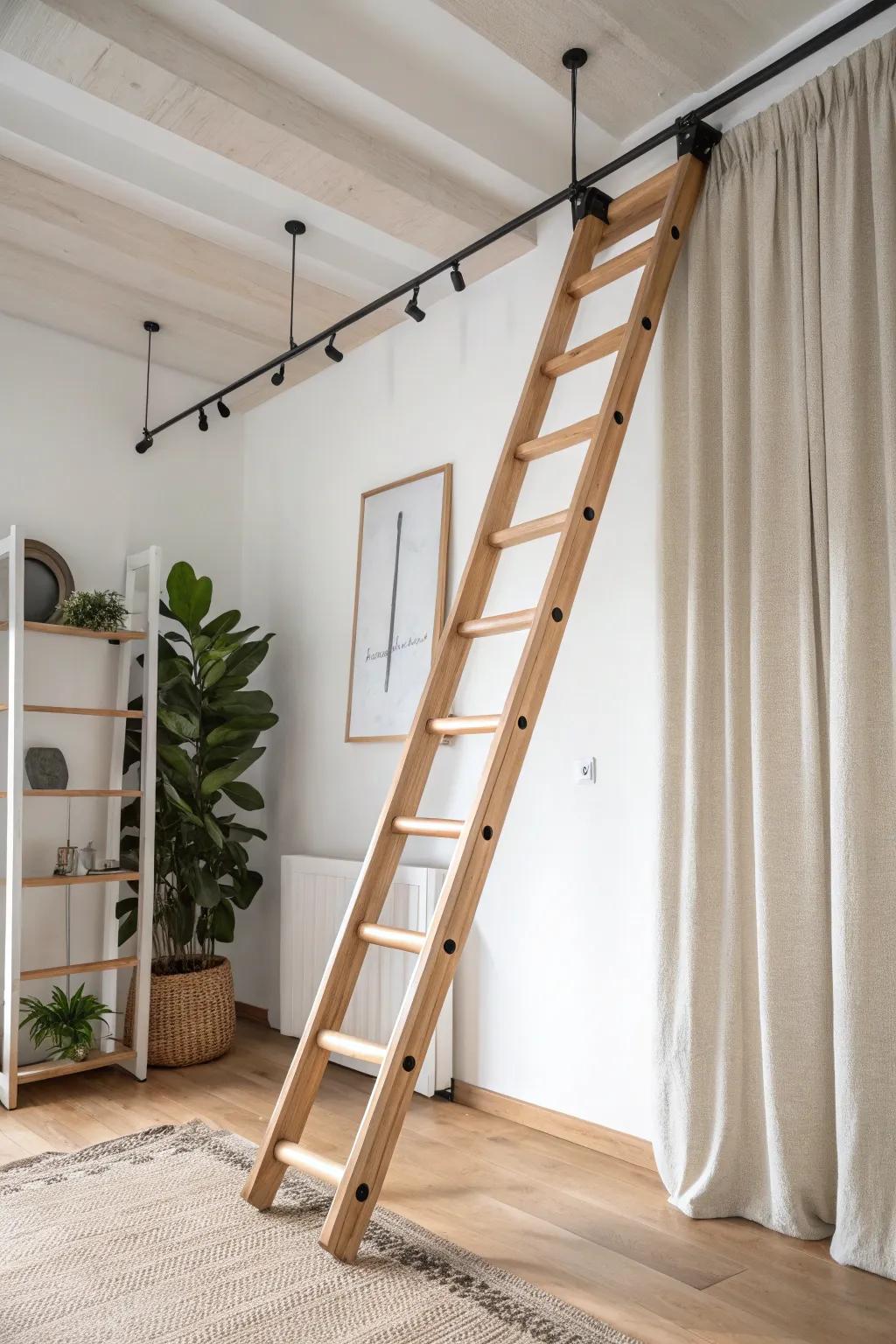Ceiling rail ladder that glides across built-ins—minimal, smart storage with artisan wood.