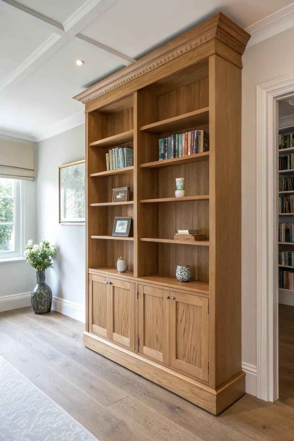 Coffered ceiling trim that lines up with bookcase crown for a perfectly cohesive built-in look.
