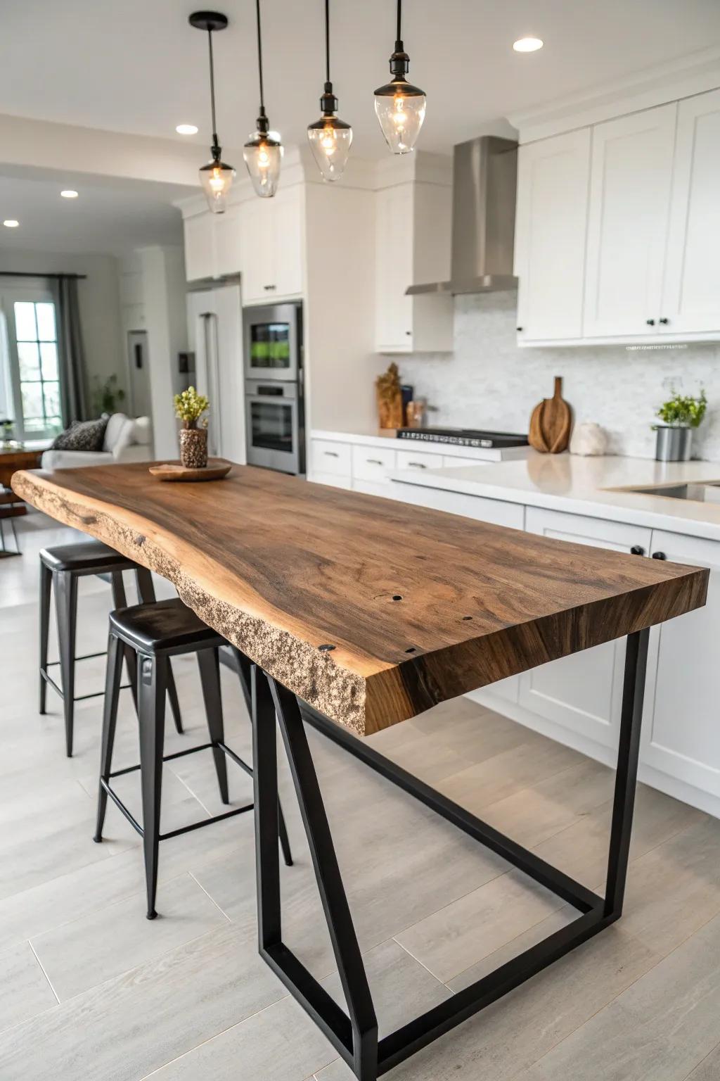 Clear epoxy turns natural cracks into glossy jewels on a handmade live edge kitchen island.