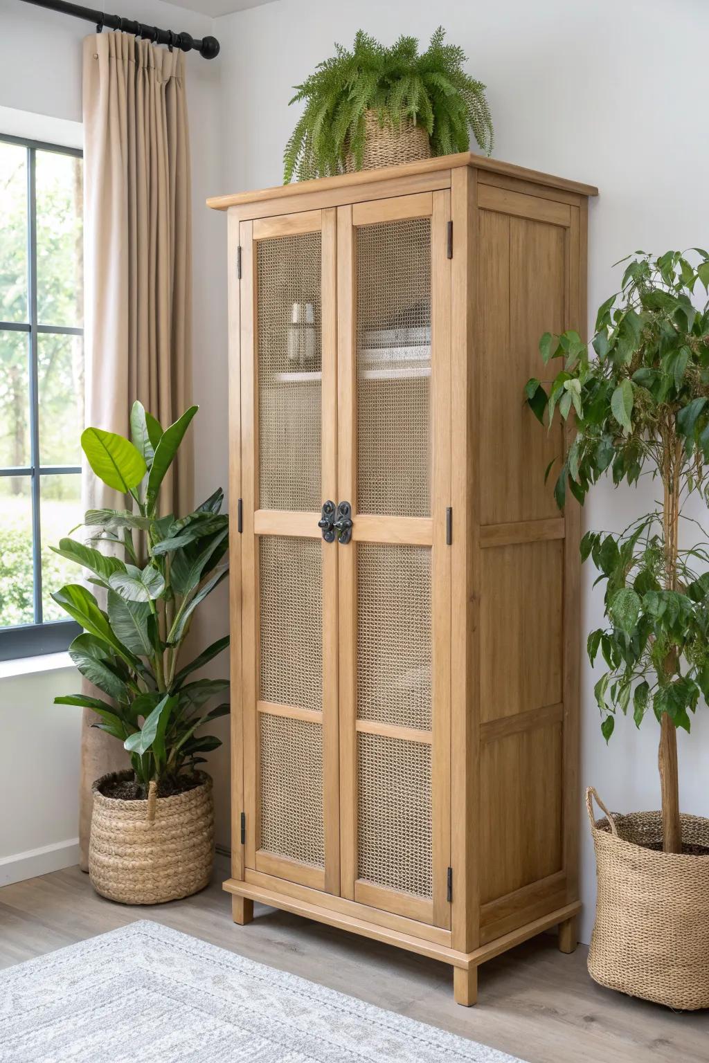 Turn an armoire into a glowing plant greenhouse—glass doors, oak warmth, and lush greenery.