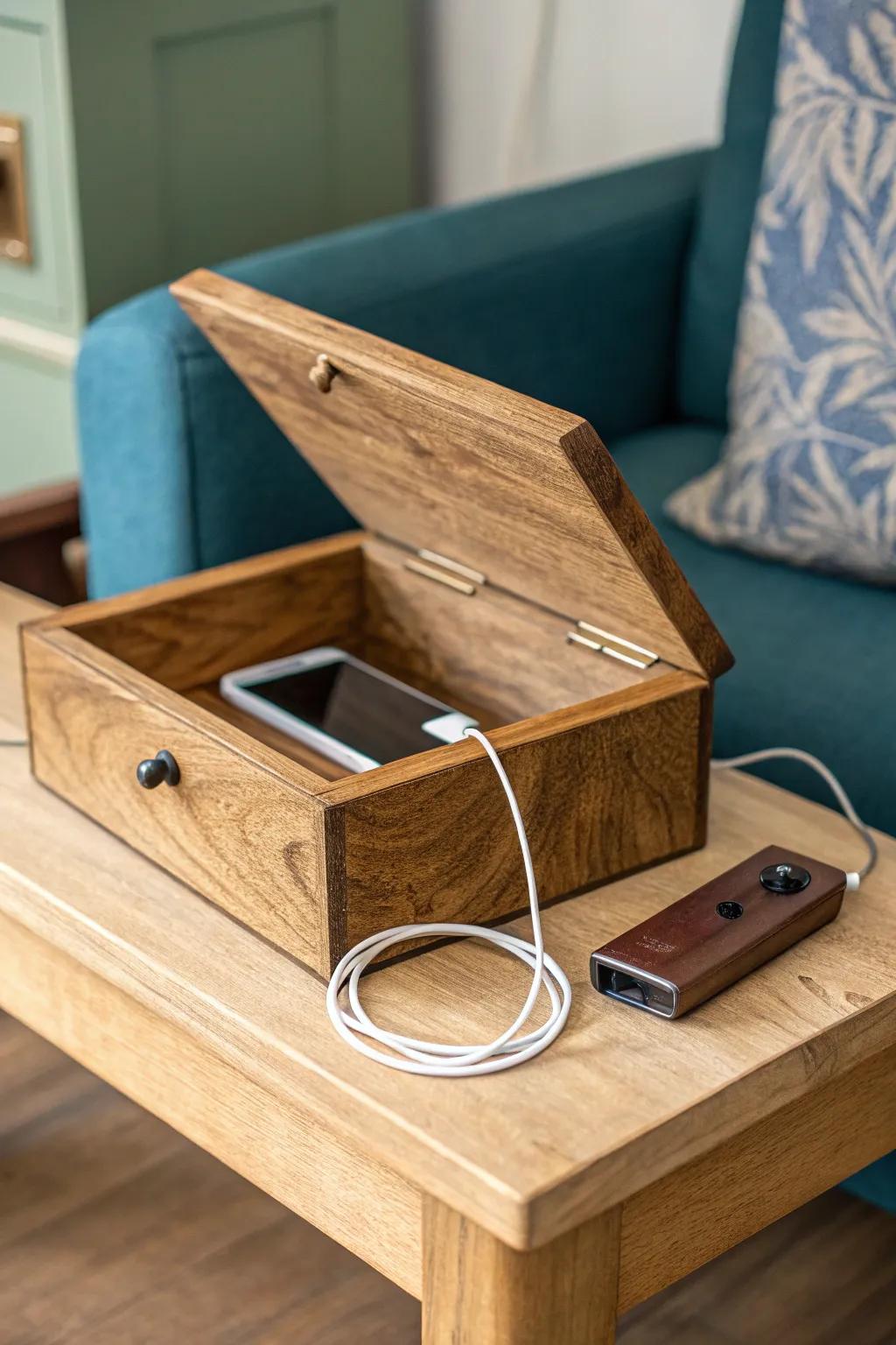 Reclaimed-wood charging box: hides the power strip and keeps your sofa table beautifully clutter-free.