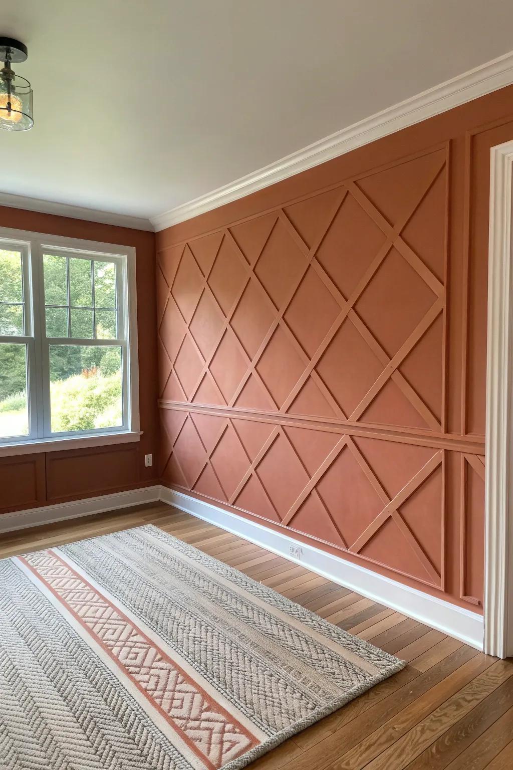 Diagonal lattice moulding turns a plain wall into a warm, modern statement backdrop.