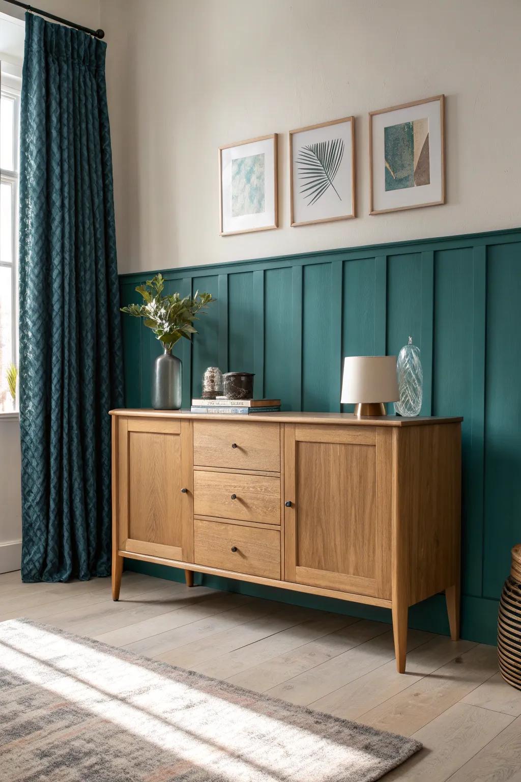Two-tone walls—soft white over deep teal—make oak sideboards feel grounded and chic.