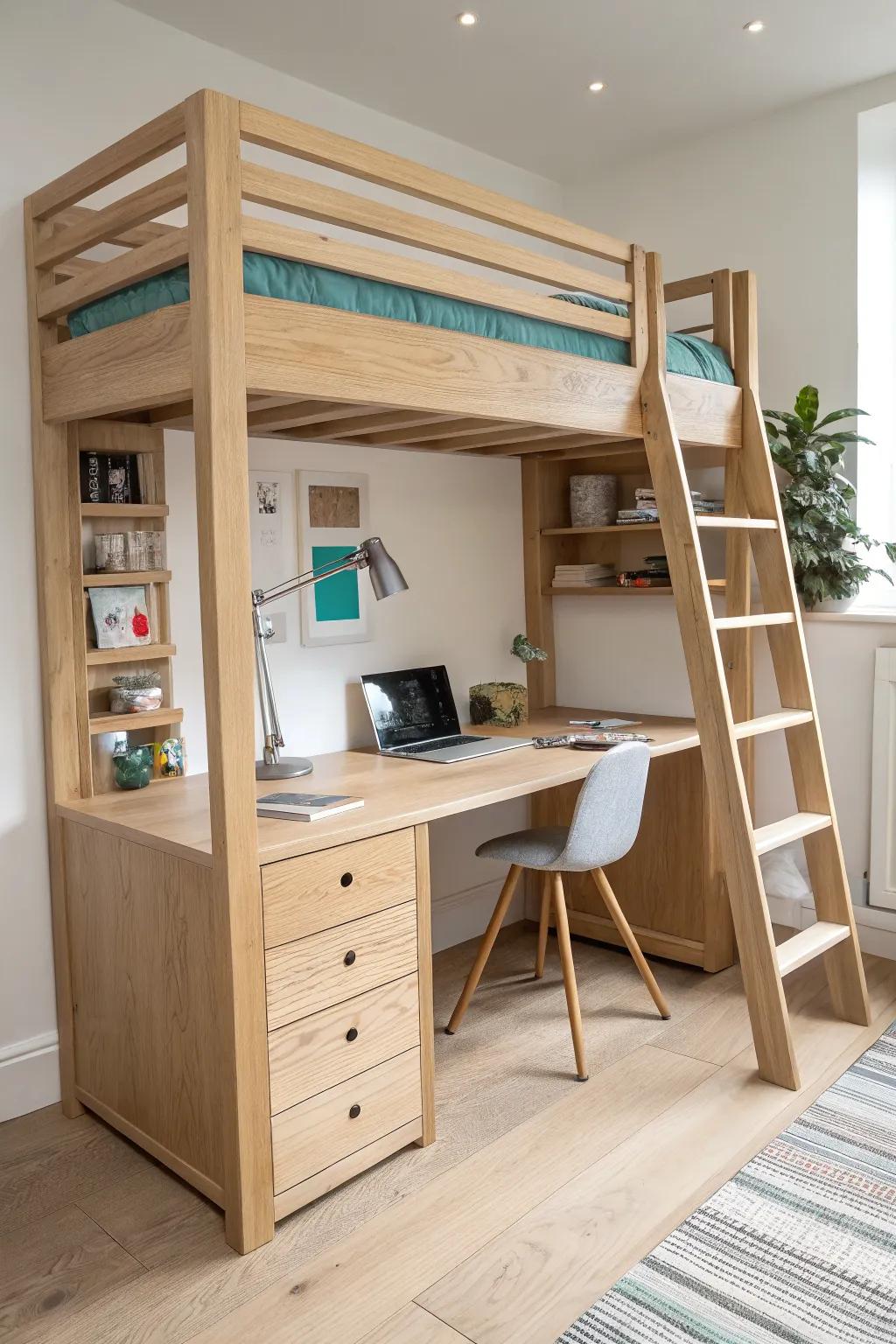 Loft bed desk with sleek resin river inlay—minimal, boho-calm, and totally custom.