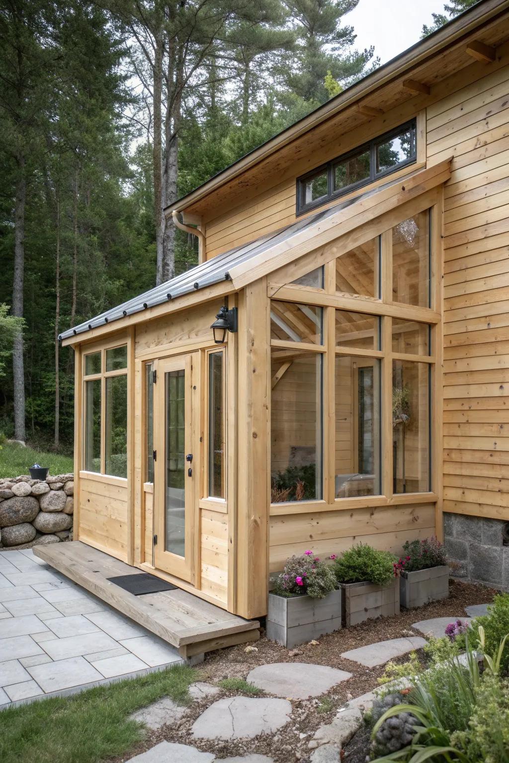 A wood-framed greenhouse sunroom that blends with logs—cozy plant lounge for year-round growing.