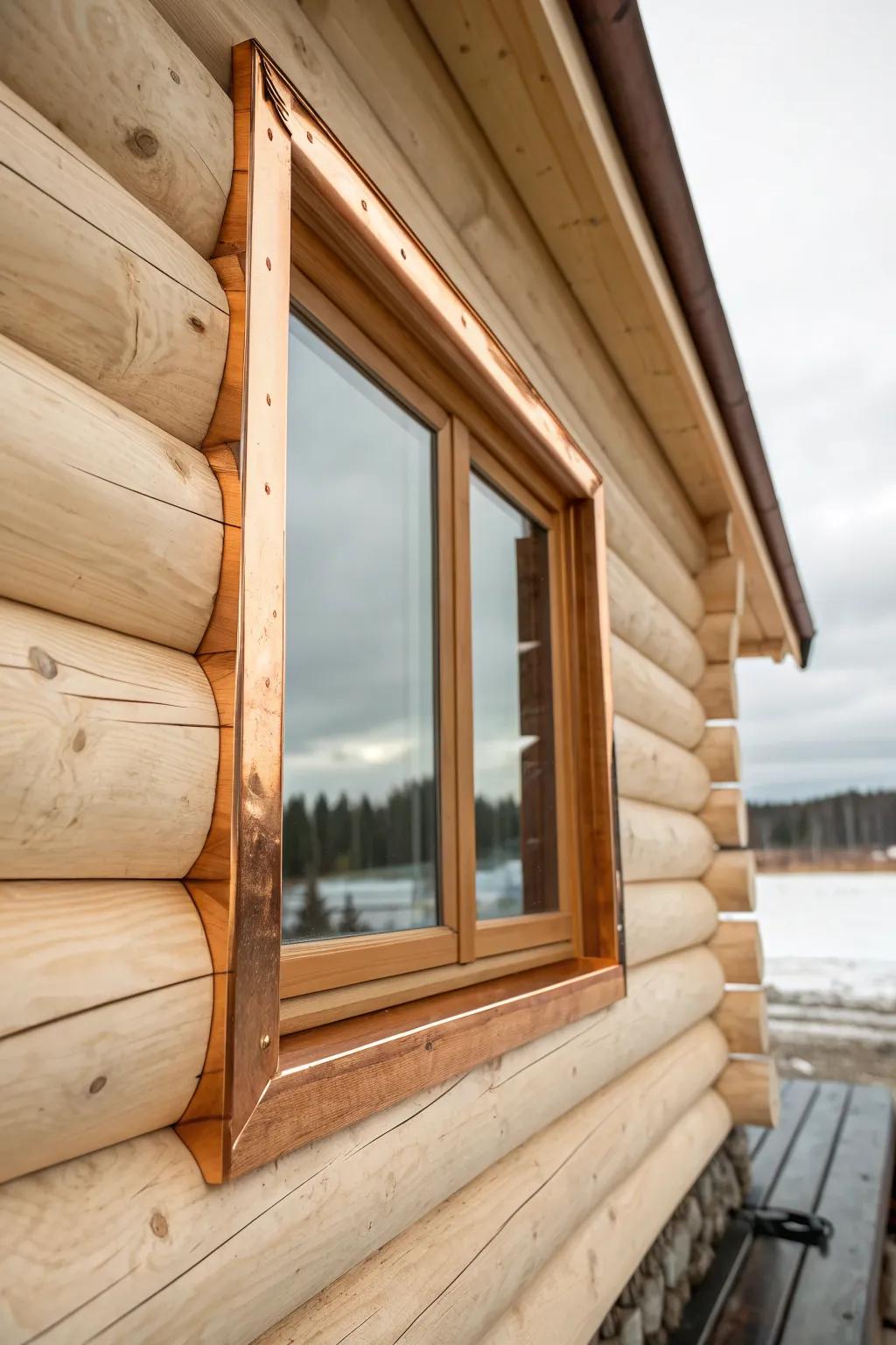 Copper-toned trim adds instant warmth—making log walls and window details glow softly.