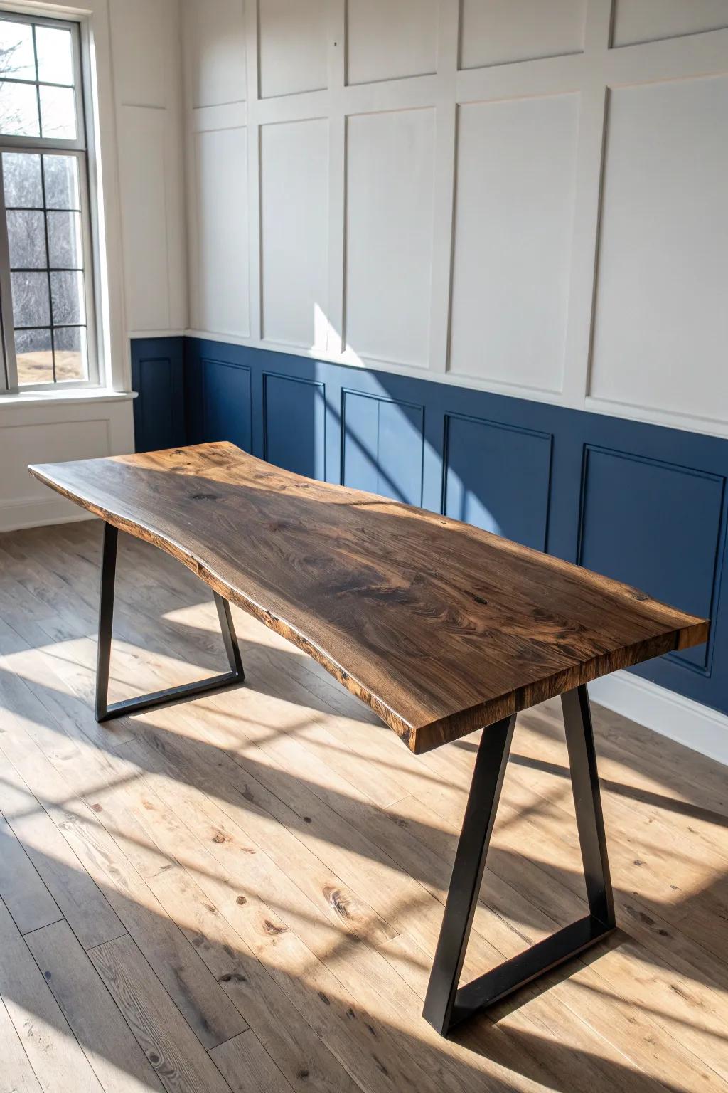 A live-edge slab long desk that celebrates every knot and curve—minimal, bold, one-of-a-kind.