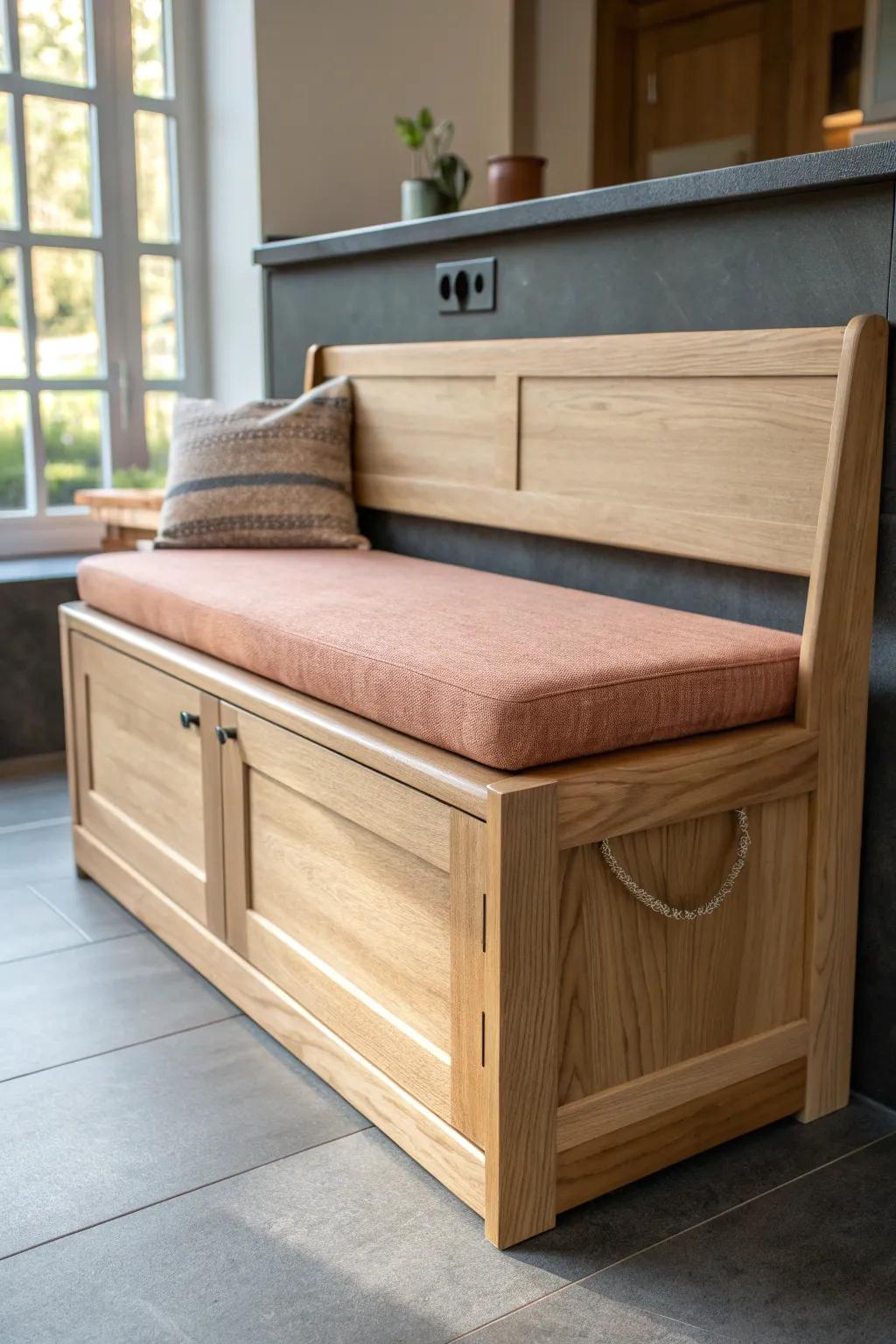 A built-in oak bench with hidden storage turns island seating into a cozy breakfast nook.