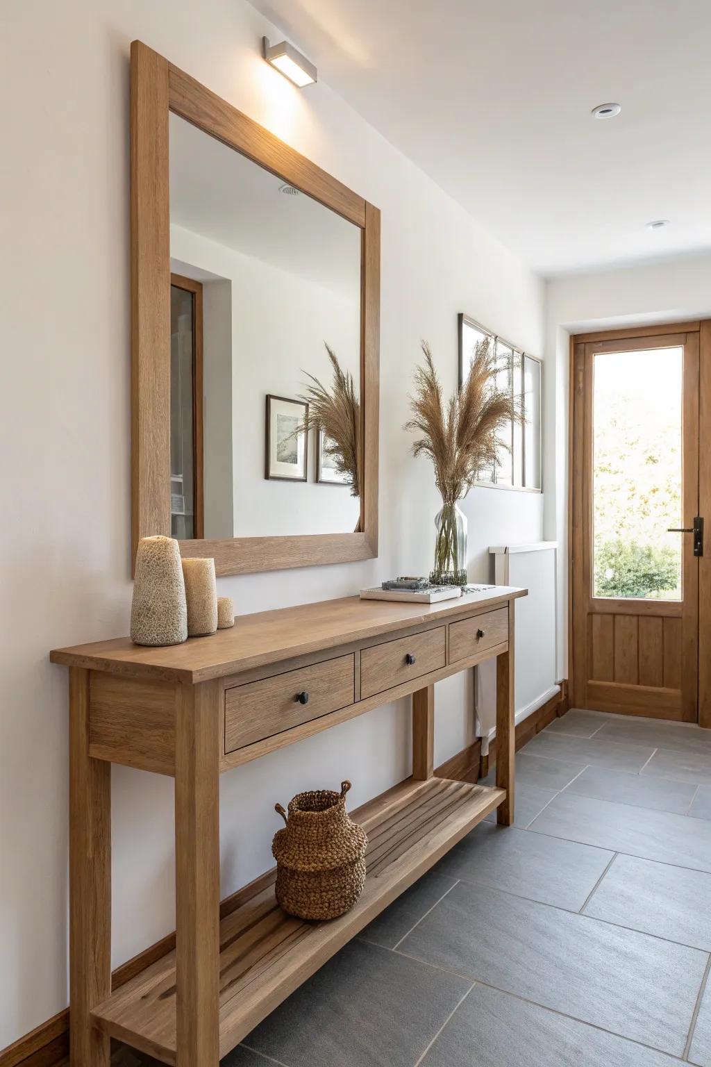 A full-height mirror panel bounces light to make a long, narrow mudroom feel wider.