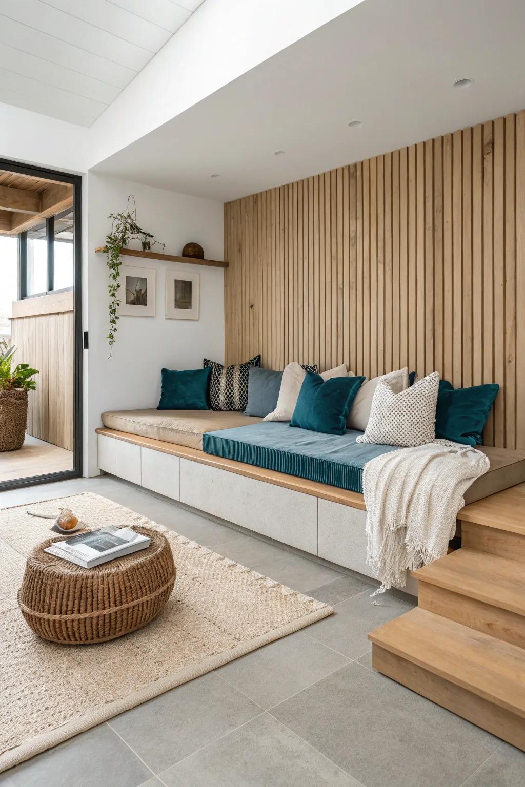 A cozy sunken conversation pit wrapped in oak—minimal lines, bold cushions, pure hygge.