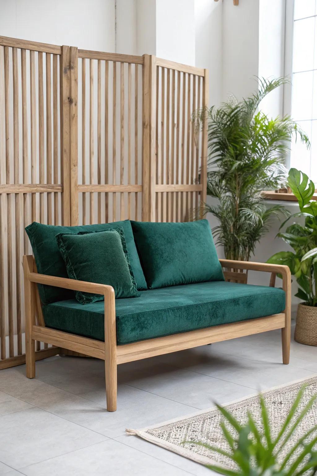 Plant-lover “green room” loveseat with a DIY slatted wood screen—minimal, warm, and lush.