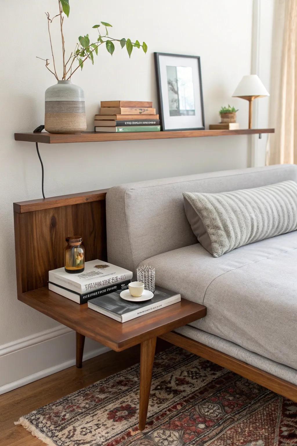 A slim hardwood shelf behind the loveseat adds books, a vase, and charging—custom built-in vibes.
