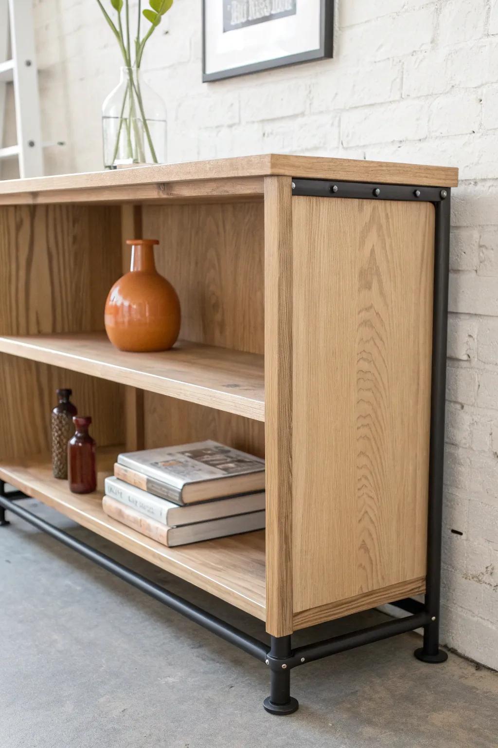 Low wood bookshelf on a black metal pipe base—minimalist, airy, workshop-chic for any room.